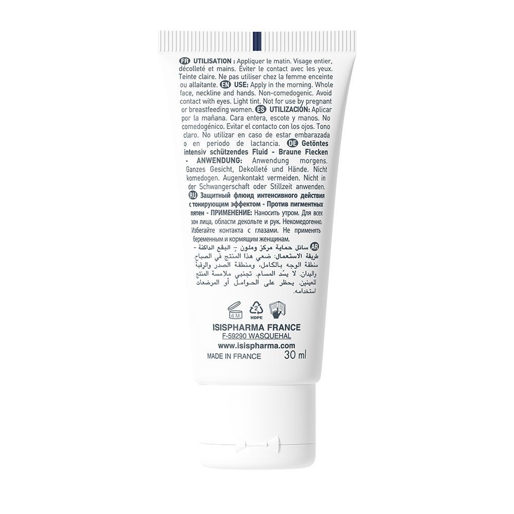 Achterkant van de witte tube. Meertalige tekst. Bevat informatie over gebruik en ingrediënten. Merk: ISISPHARMA.