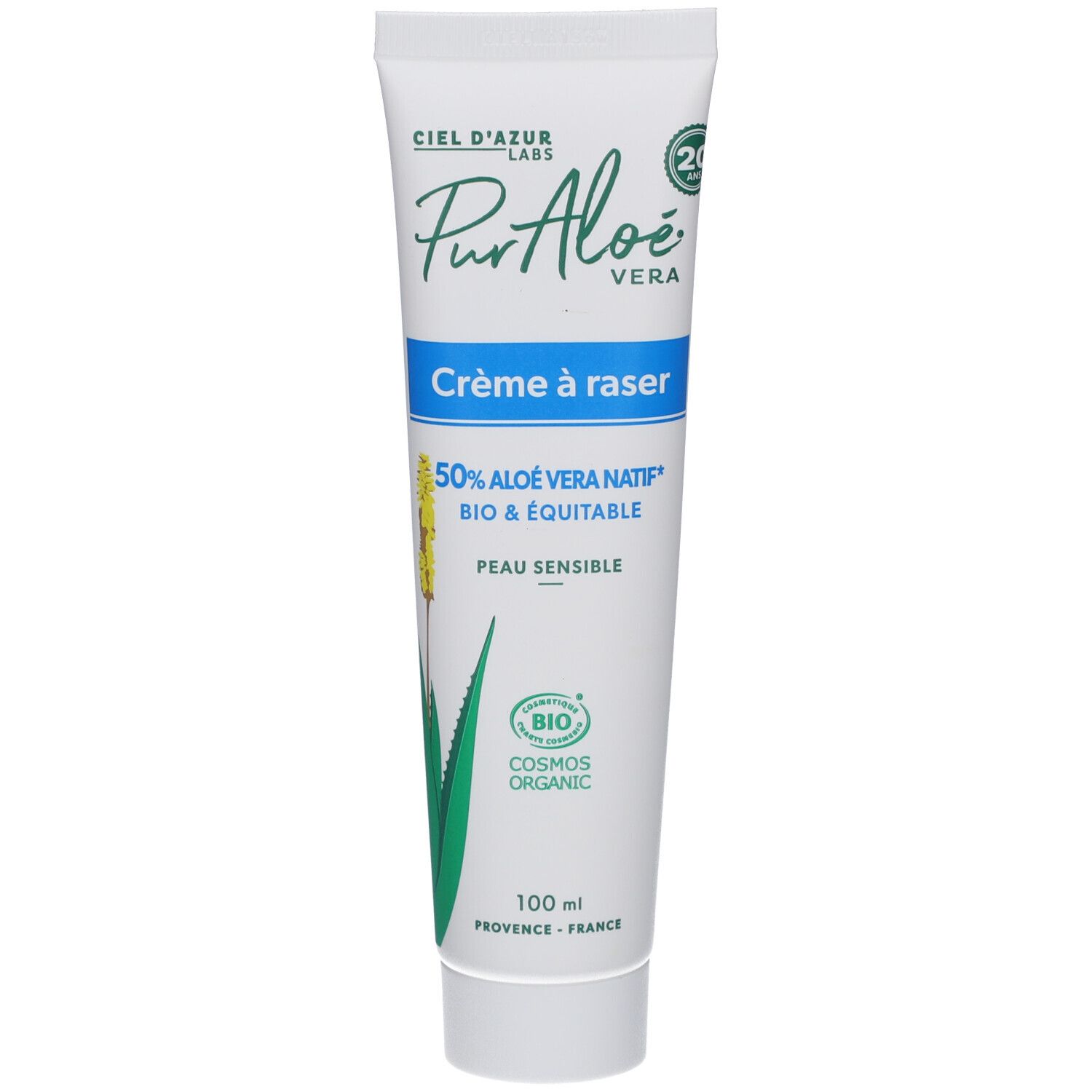 Witte tube CIEL D'AZUR PurAloé Crème à raser. Blauwe tekst, 50% Aloë Vera, bio-label. 100 ml.