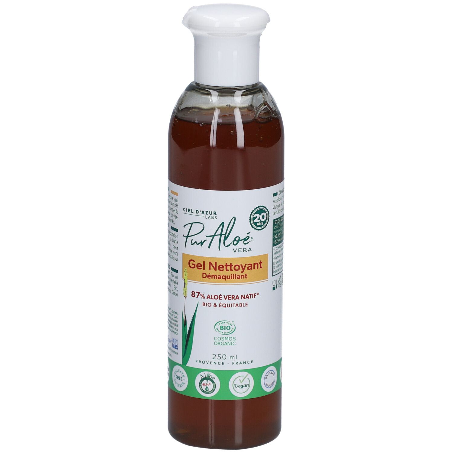 Transparante fles met witte dop. Etiket met productnaam, aloë vera en bio-keurmerk. 250 ml.