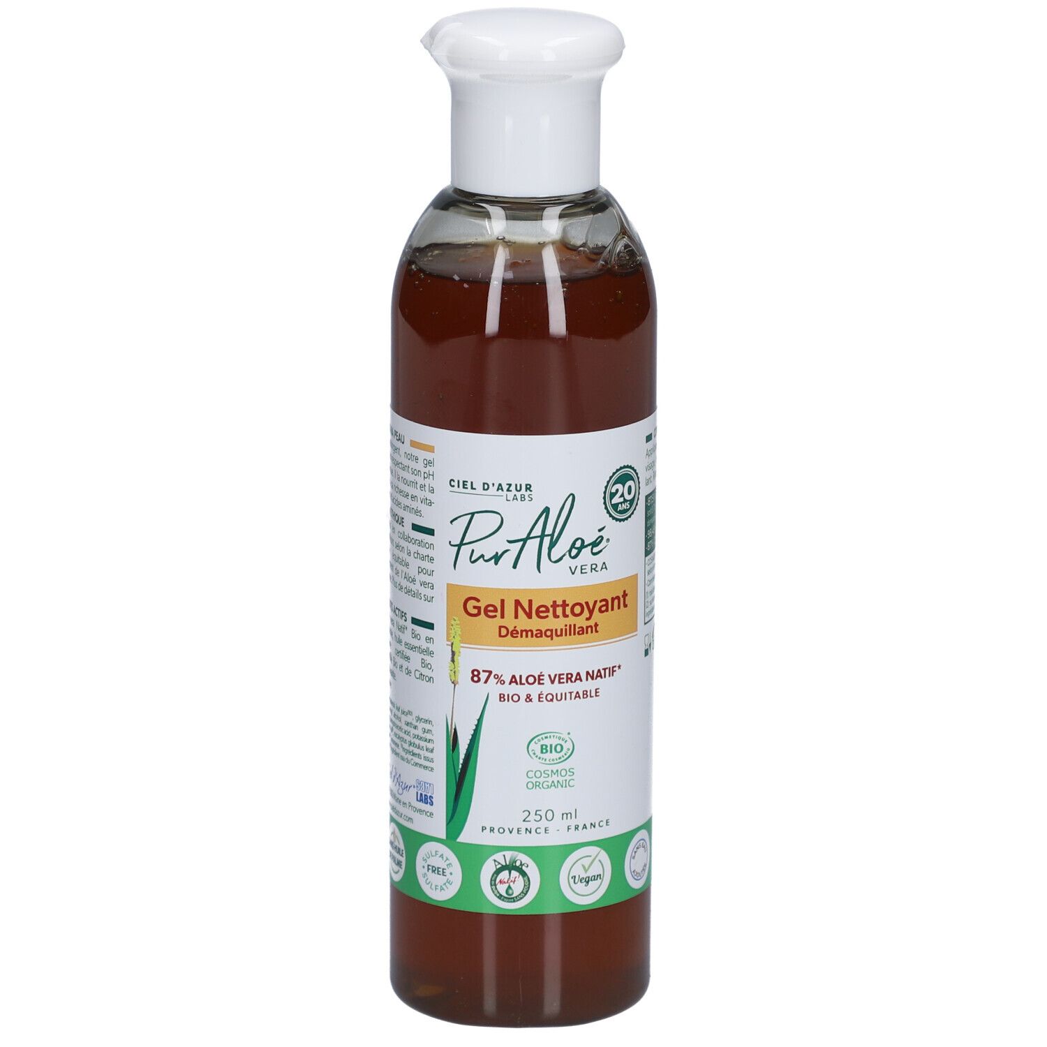 Transparante fles met witte dop. Etiket met productnaam, aloë vera en bio-keurmerk. 250 ml.