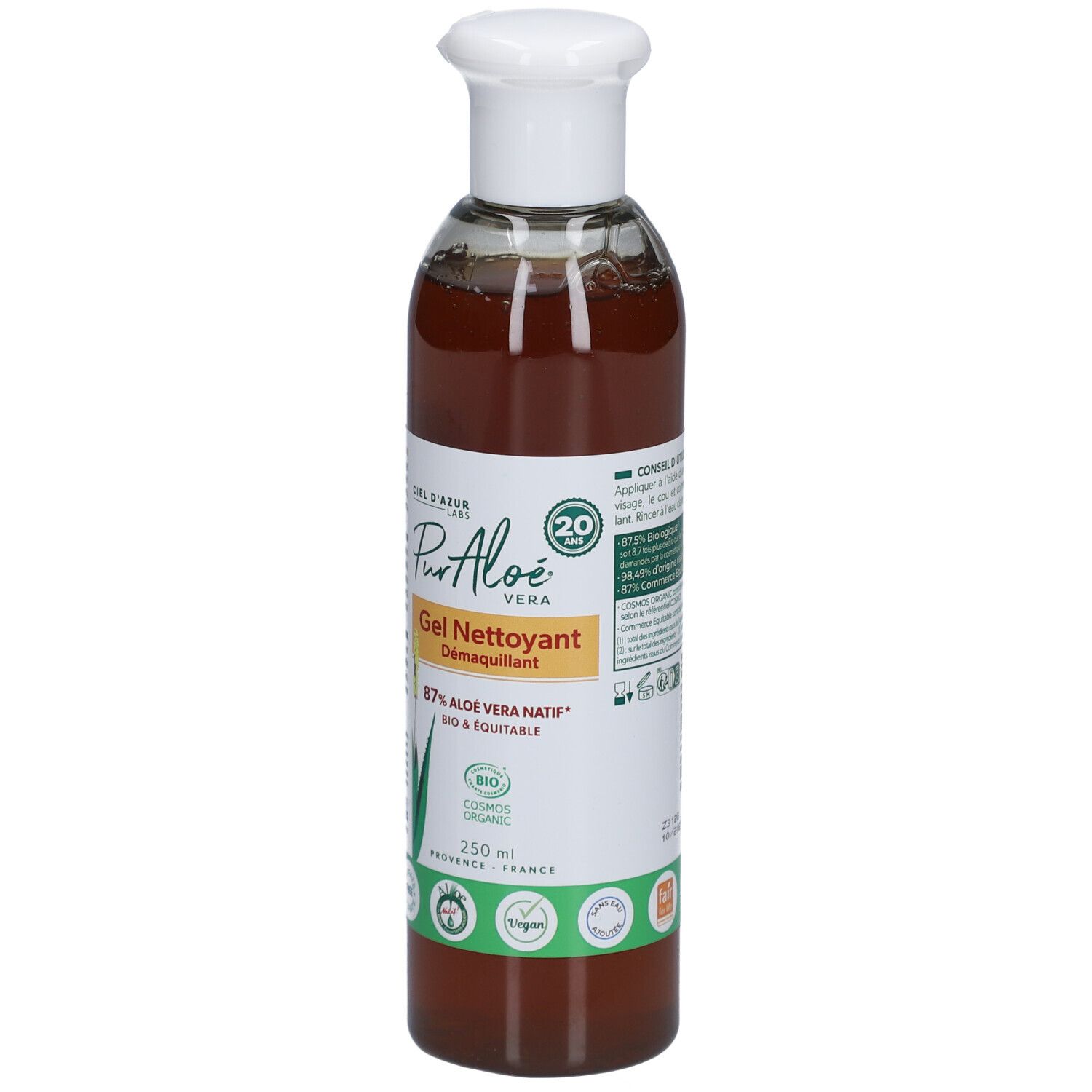 Transparante fles met witte dop. Etiket met productnaam, aloë vera en bio-keurmerk. 250 ml.