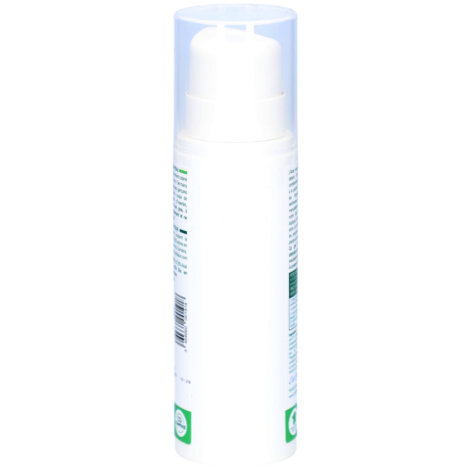 Flacon blanc avec bouchon pompe, vue latérale. Texte et logos visibles. Certification Bio.