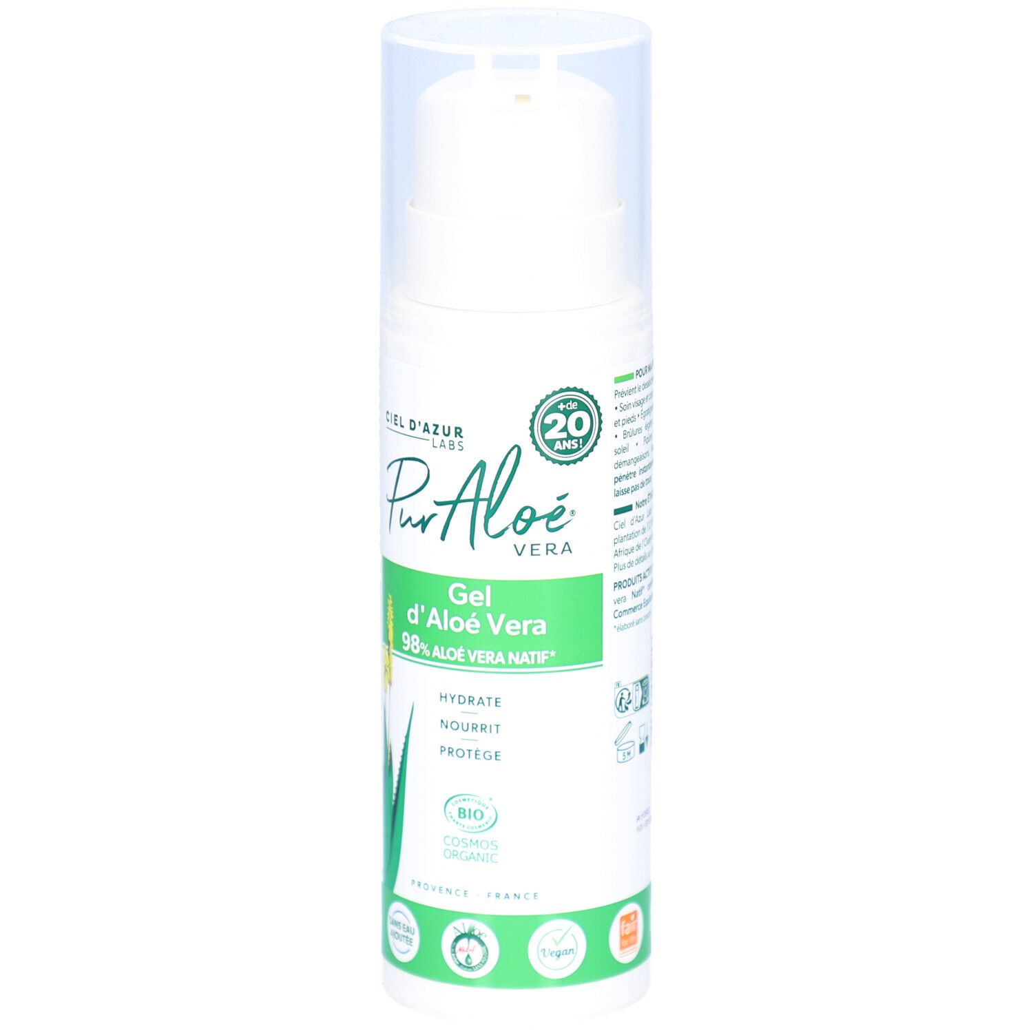 Flacon blanc avec bouchon pompe. Inscription: CIEL D'AZUR, PurAloé Vera, Gel d'Aloé Vera 98% Aloe vera natif. Certification Bio.