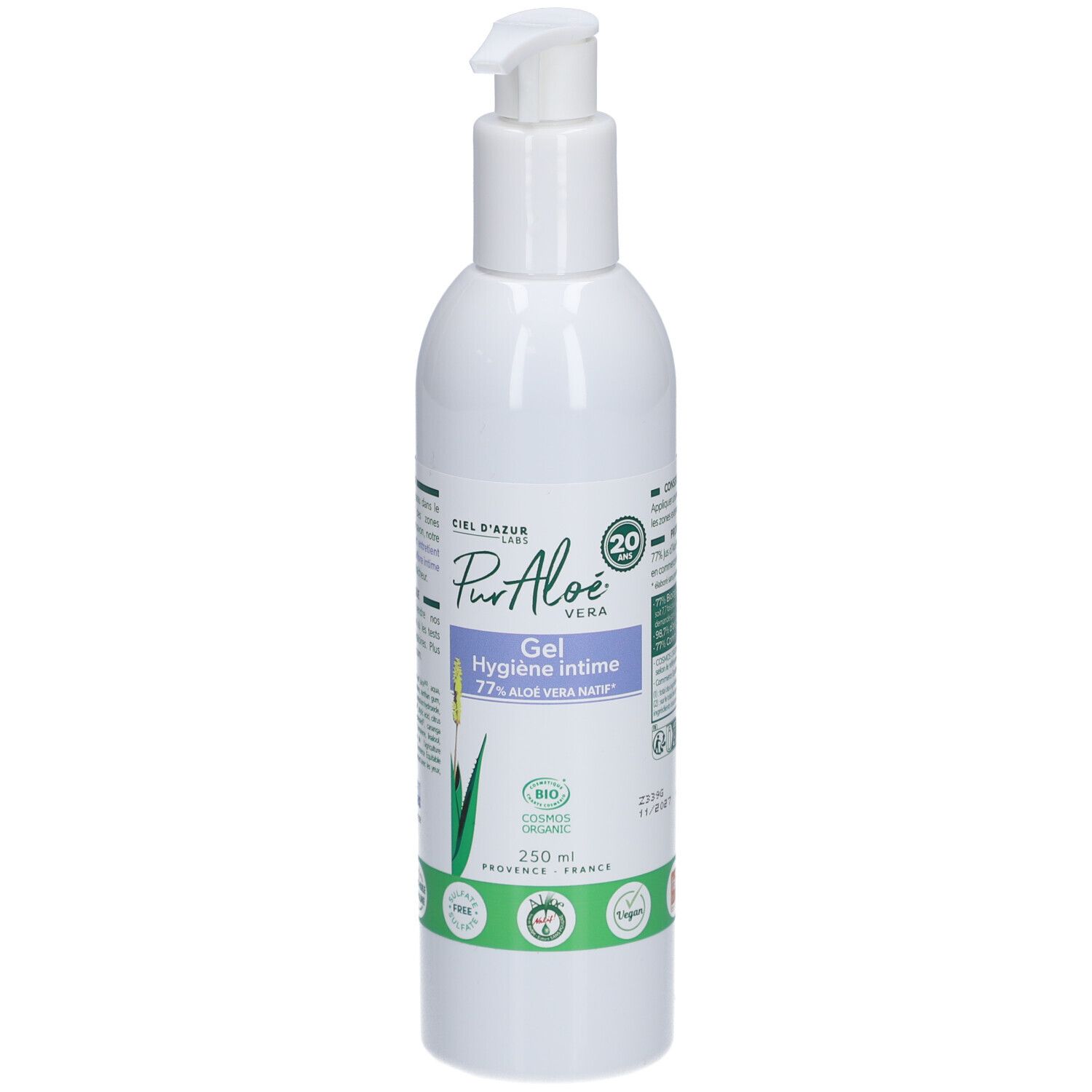 Flacon blanc avec pompe. Inscription: CIEL D'AZUR, PurAloe Vera Gel Hygiène Intime. Certification bio.