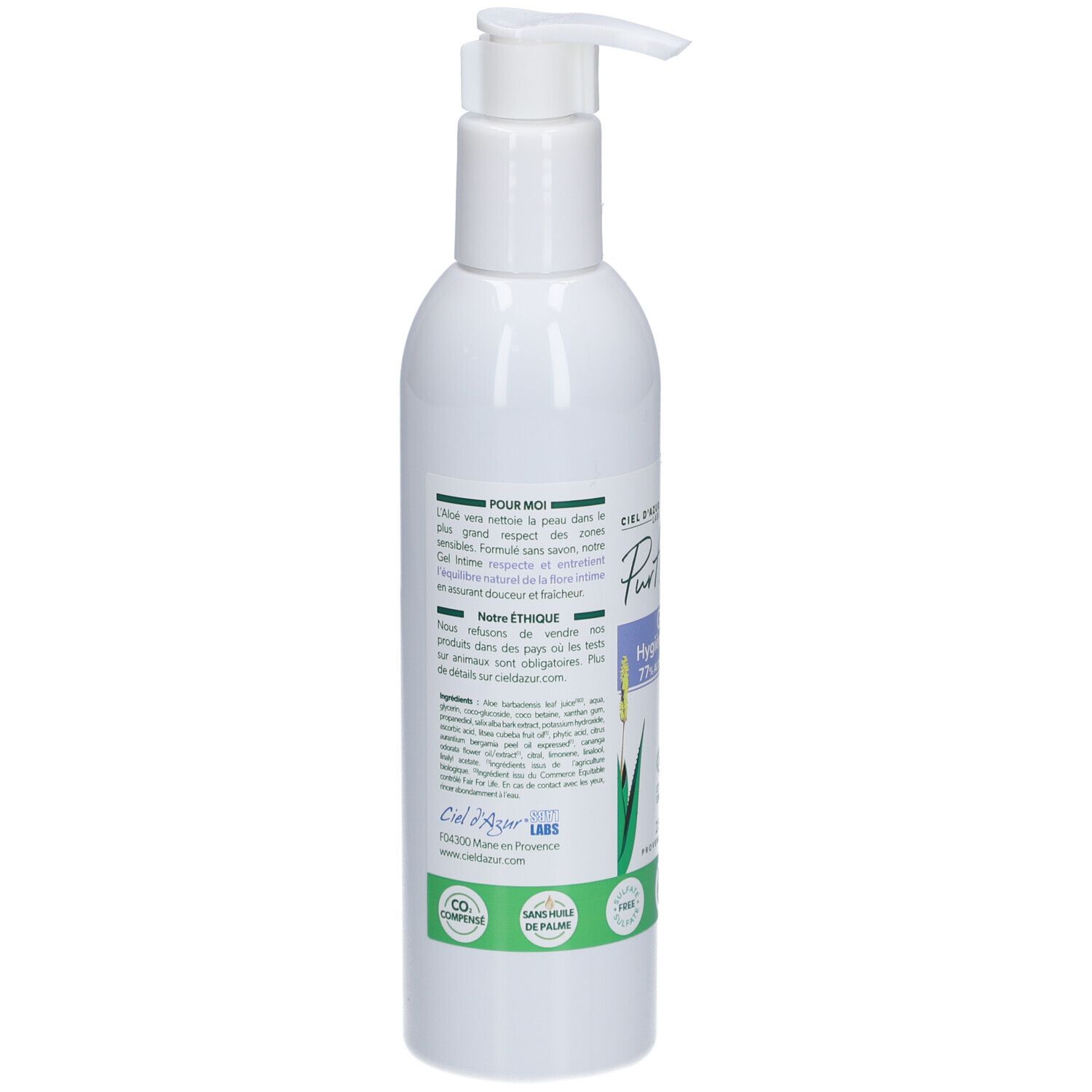 Dos du flacon blanc. Texte sur les ingrédients et l'éthique. Logos de compensation CO2 et production durable.