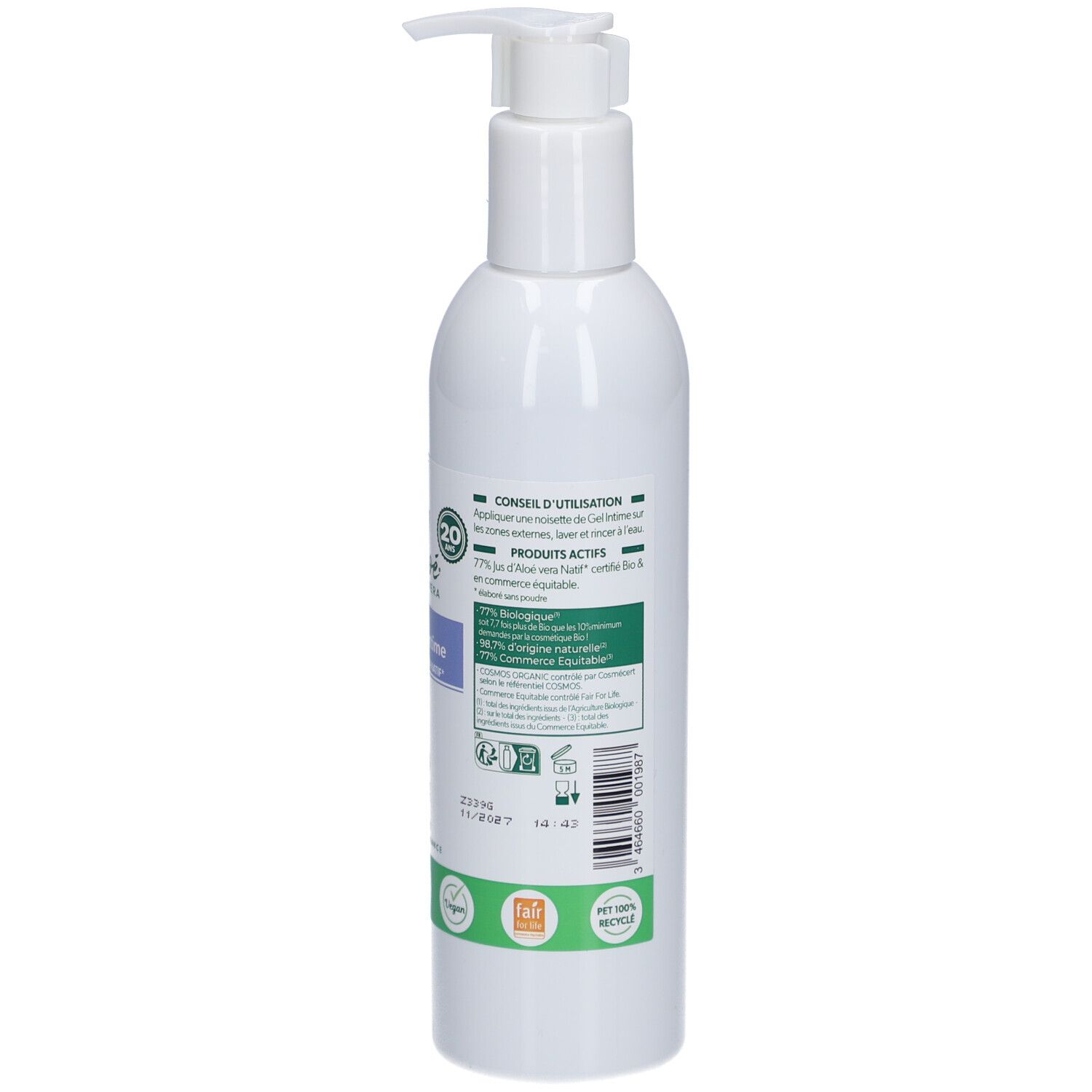 Dos du flacon blanc. Texte sur l'utilisation et les ingrédients. Logos de certification bio et production durable.