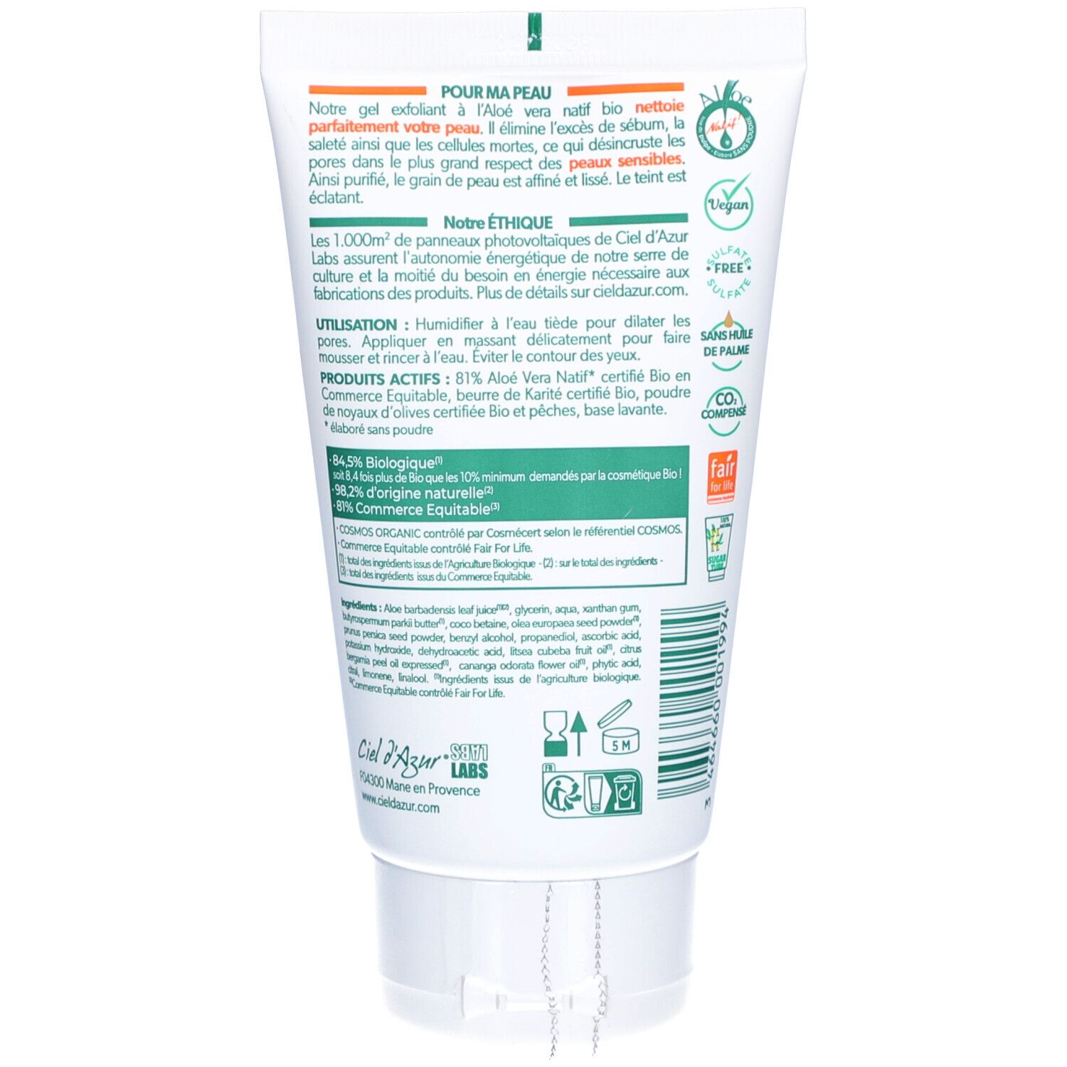 Achterkant van de tube CIEL D'AZUR PurAloé. Franse tekst. BIO-certificering. Ingrediënten en logo's.