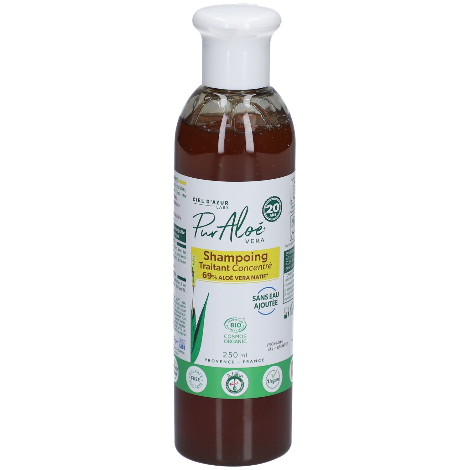 Flacon marron de CIEL D'AZUR PurAloé Shampooing Concentré. Bouchon blanc. Étiquette jaune avec texte et logos. 250 ml.