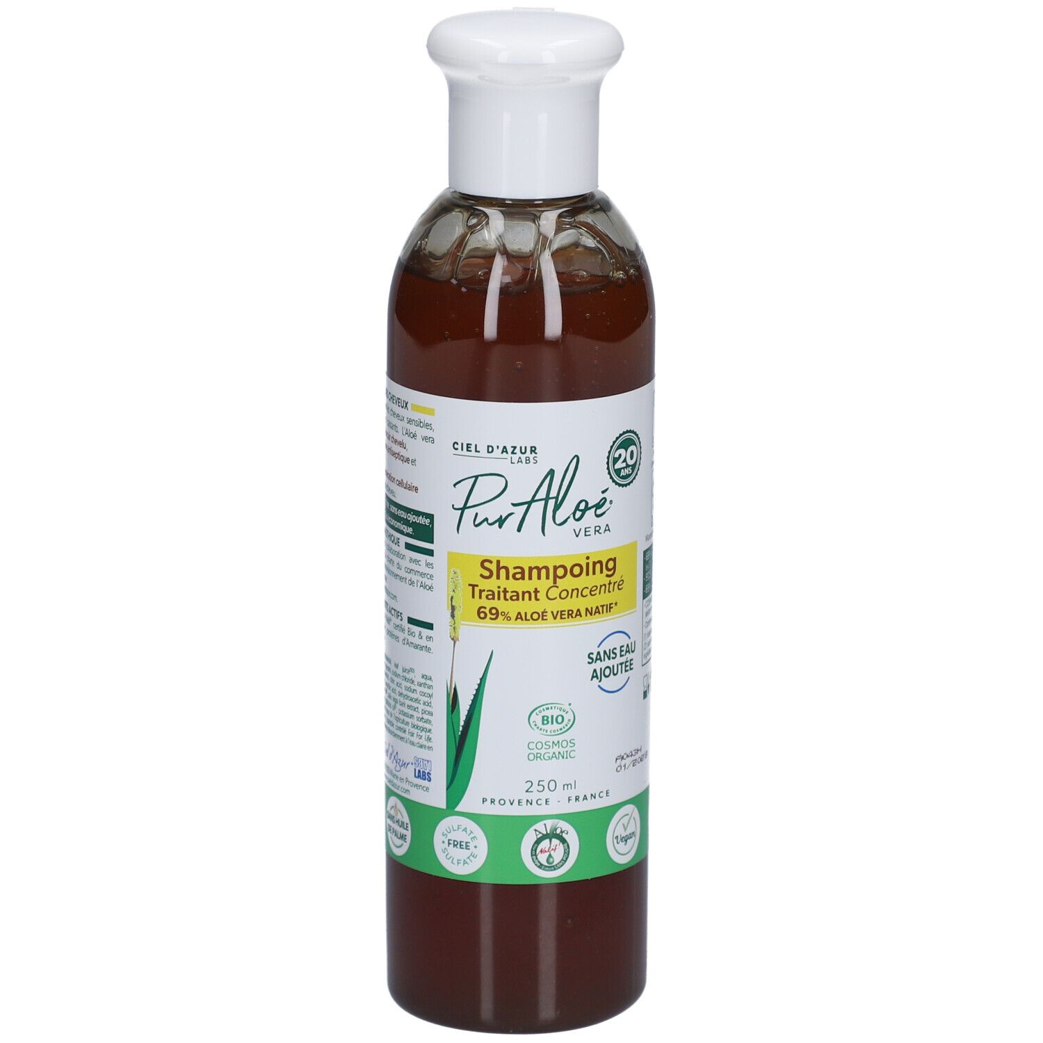 Flacon marron de CIEL D'AZUR PurAloé Shampooing Concentré. Bouchon blanc. Étiquette jaune avec texte et logos. 250 ml.