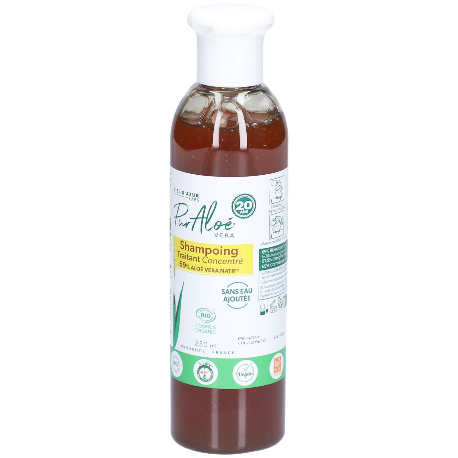 Flacon marron de CIEL D'AZUR PurAloé Shampooing Concentré. Bouchon blanc. Étiquette jaune avec texte et logos. 250 ml.