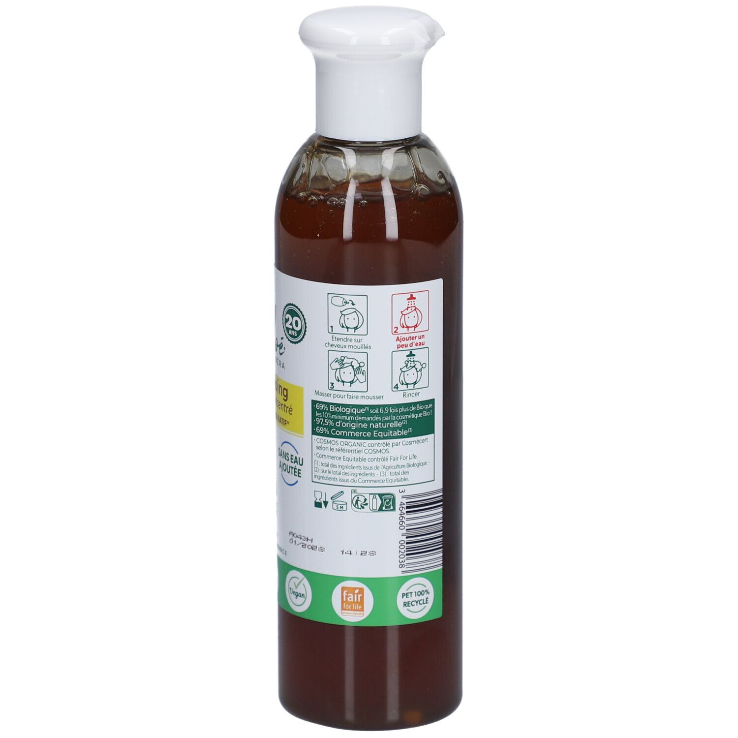Dos du flacon CIEL D'AZUR PurAloé Shampooing Concentré. Texte et logos sur étiquette blanche. Autocollants verts.