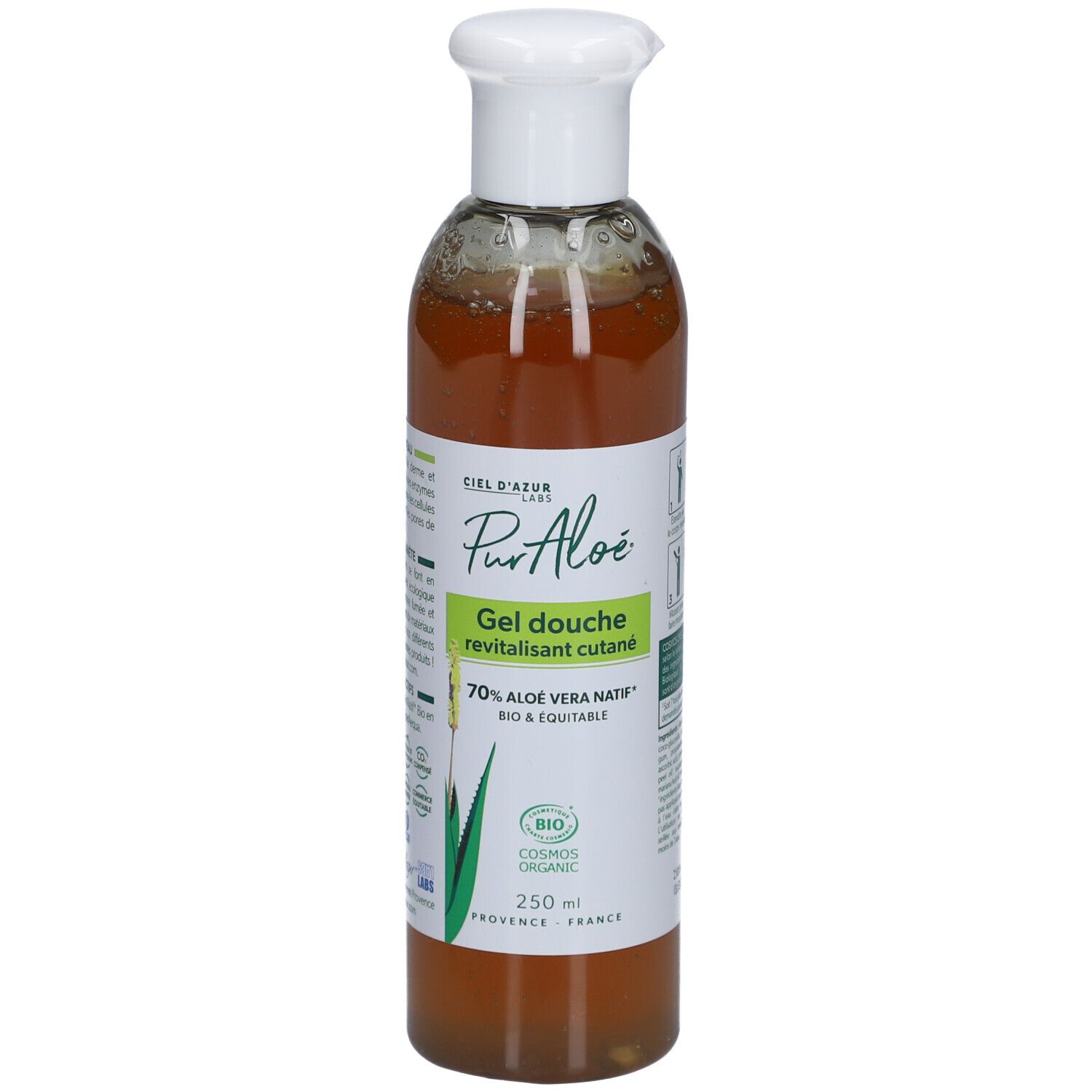 Transparante fles met witte dop. Etiket met productnaam, aloë vera-logo en bio-certificering. 250 ml.