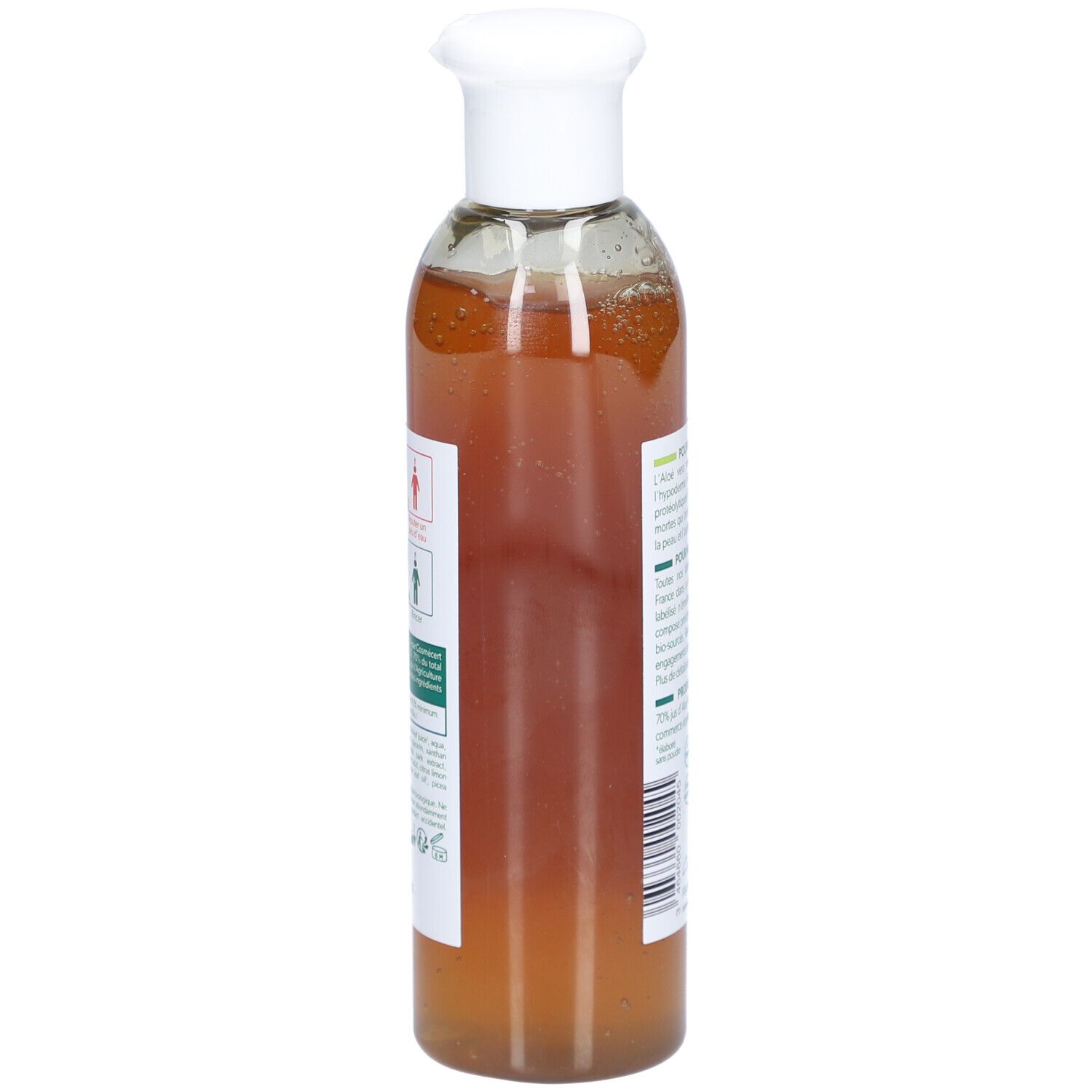 Achteraanzicht van de fles. Etiket met tekst en pictogrammen. Fles gevuld met bruine vloeistof.
