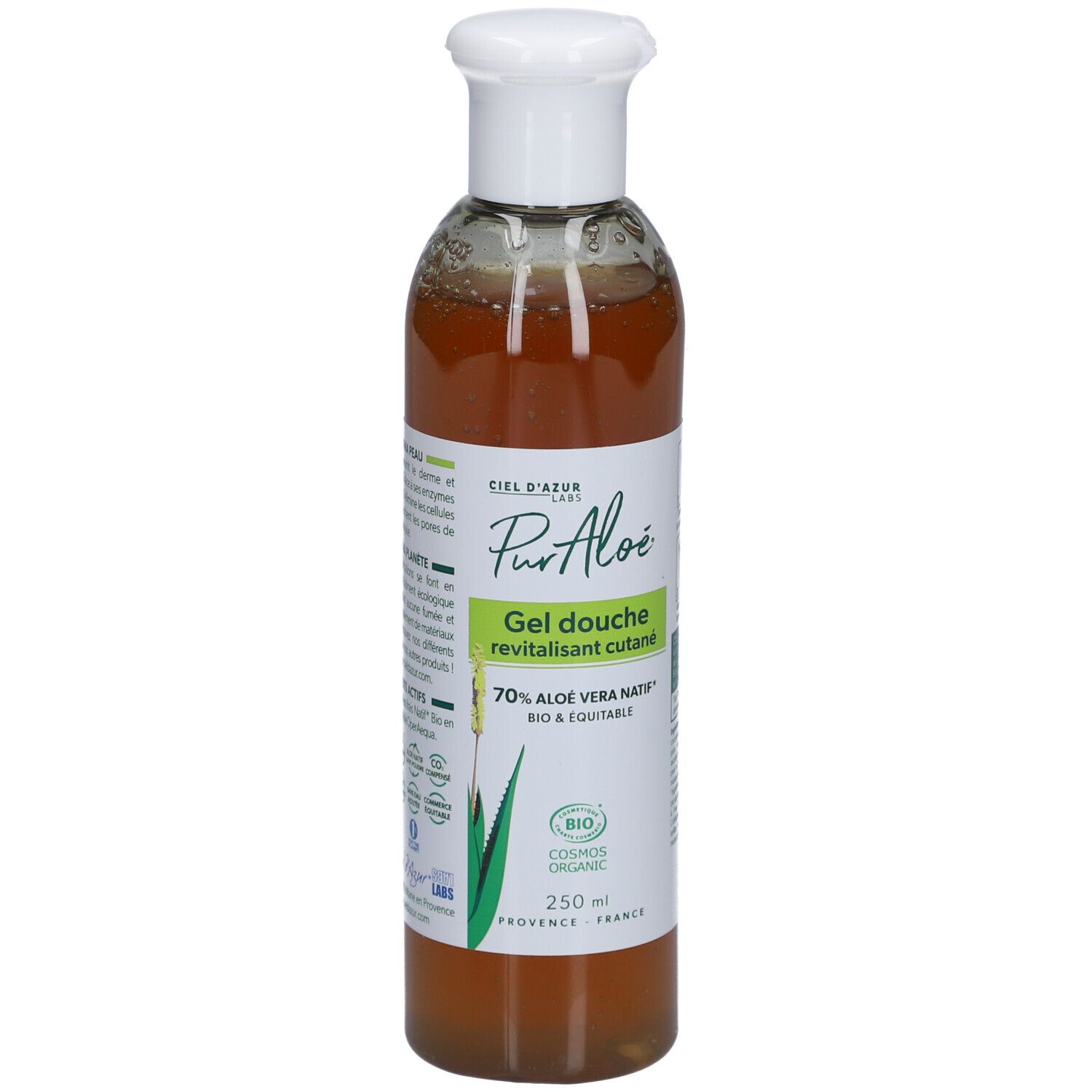 Transparante fles met witte dop. Etiket met productnaam, aloë vera-logo en bio-certificering. 250 ml.