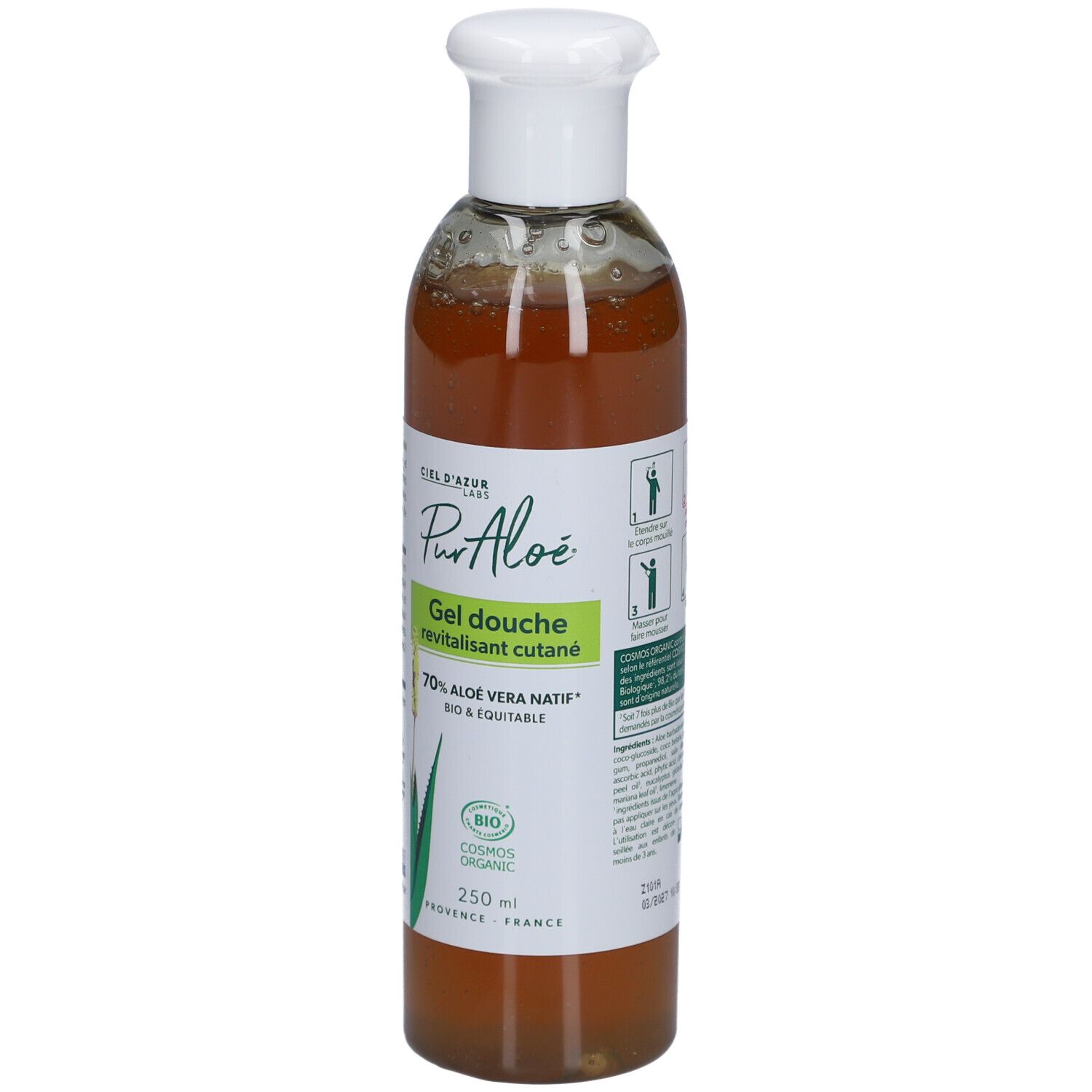 Fles met witte dop. Etiket met productnaam, aloë vera-logo en bio-certificering. 250 ml.