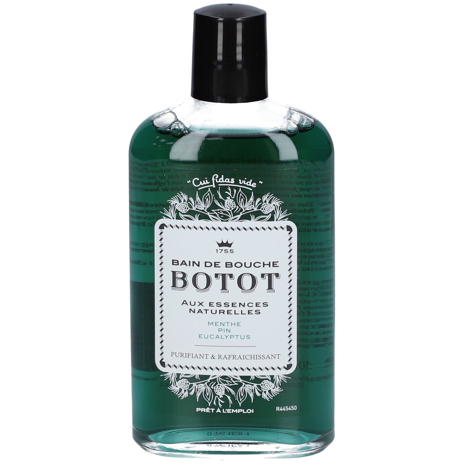 Bain de bouche vert en flacon transparent. Étiquette blanche avec nom du produit et ingrédients. Bouchon noir.