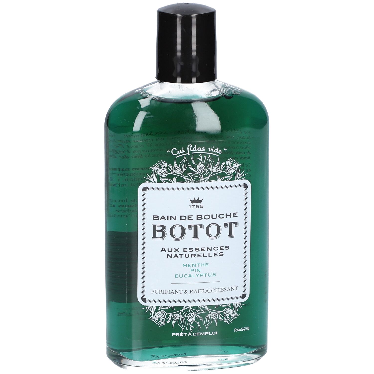 Bain de bouche vert en flacon transparent. Étiquette blanche avec nom du produit et ingrédients. Bouchon noir.