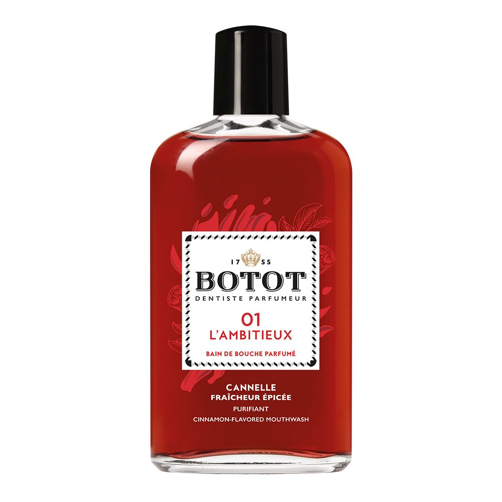 BOTOT Mondwater Kaneel-Kruidnagel-Munt, glazen fles met zwarte dop.