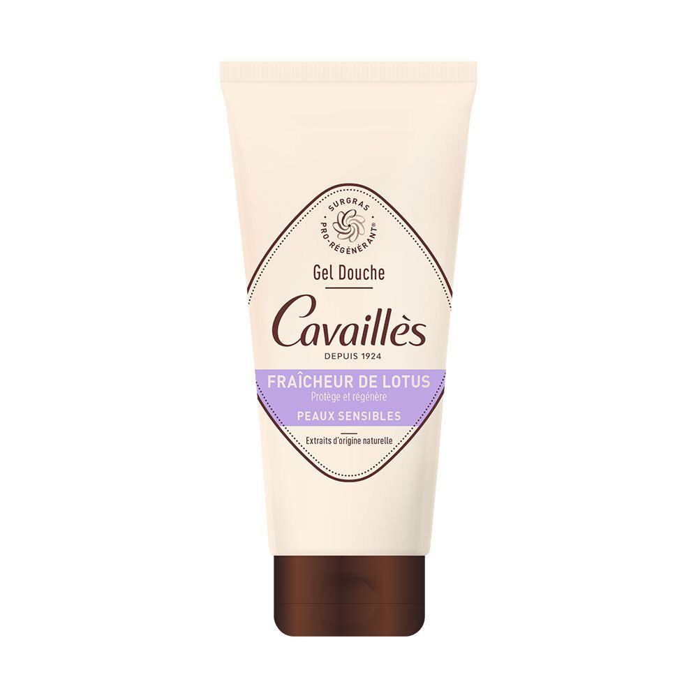 Beige tube met bruine dop. Opschrift: Cavaillès, Gel Douche, Fraîcheur de Lotus, Peaux sensibles.