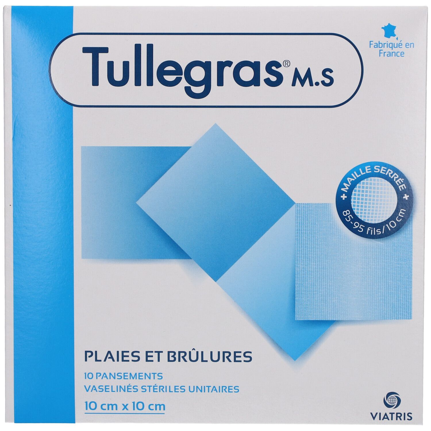 Vierkante verpakking. Blauwe Tullegras M.S. verbanden. Tekst: Wonden en brandwonden, 10 verbanden, 10 cm x 10 cm.
