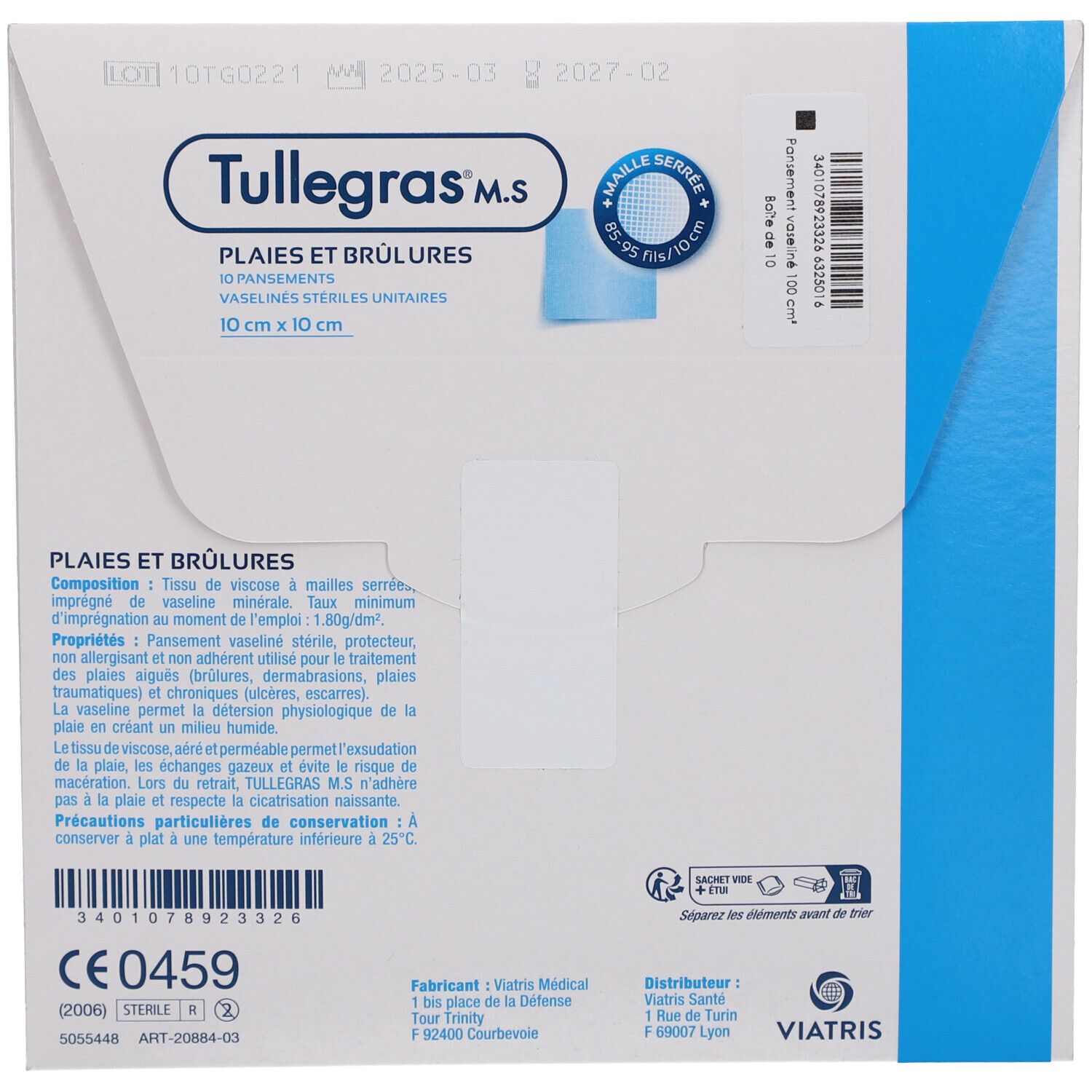 Achterkant van de verpakking. Tekst: Tullegras M.S., 10 verbanden, 10 cm x 10 cm. Informatie over ingrediënten en gebruik.