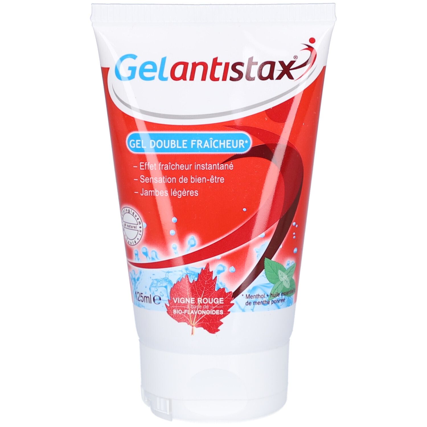 Rode tube met witte dop. Opschrift Gelantistax. Blauwe en rode elementen. Tekst: Gel Double Fraîcheur, 125ml, Vigne Rouge.