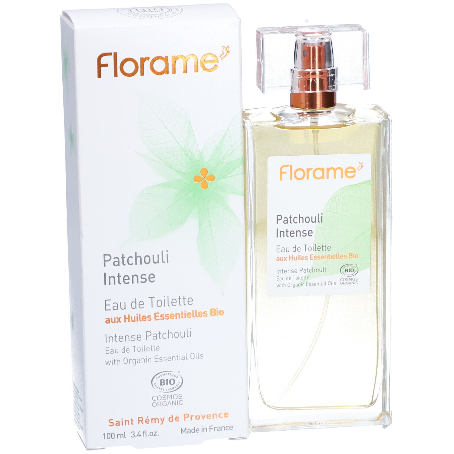 Flacon en verre avec liquide doré et vaporisateur, à côté d'un emballage blanc. Texte: Florame, Patchouli Intense, Bio.