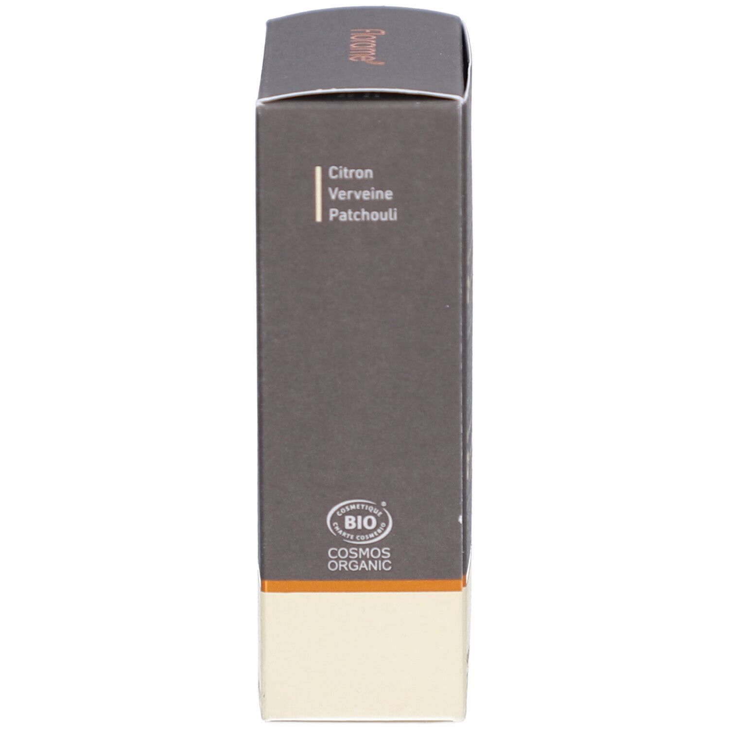 Verpakking, zijkant met ingrediënten en Bio-certificering. Tekst: Citroen, Verbena, Patchouli.
