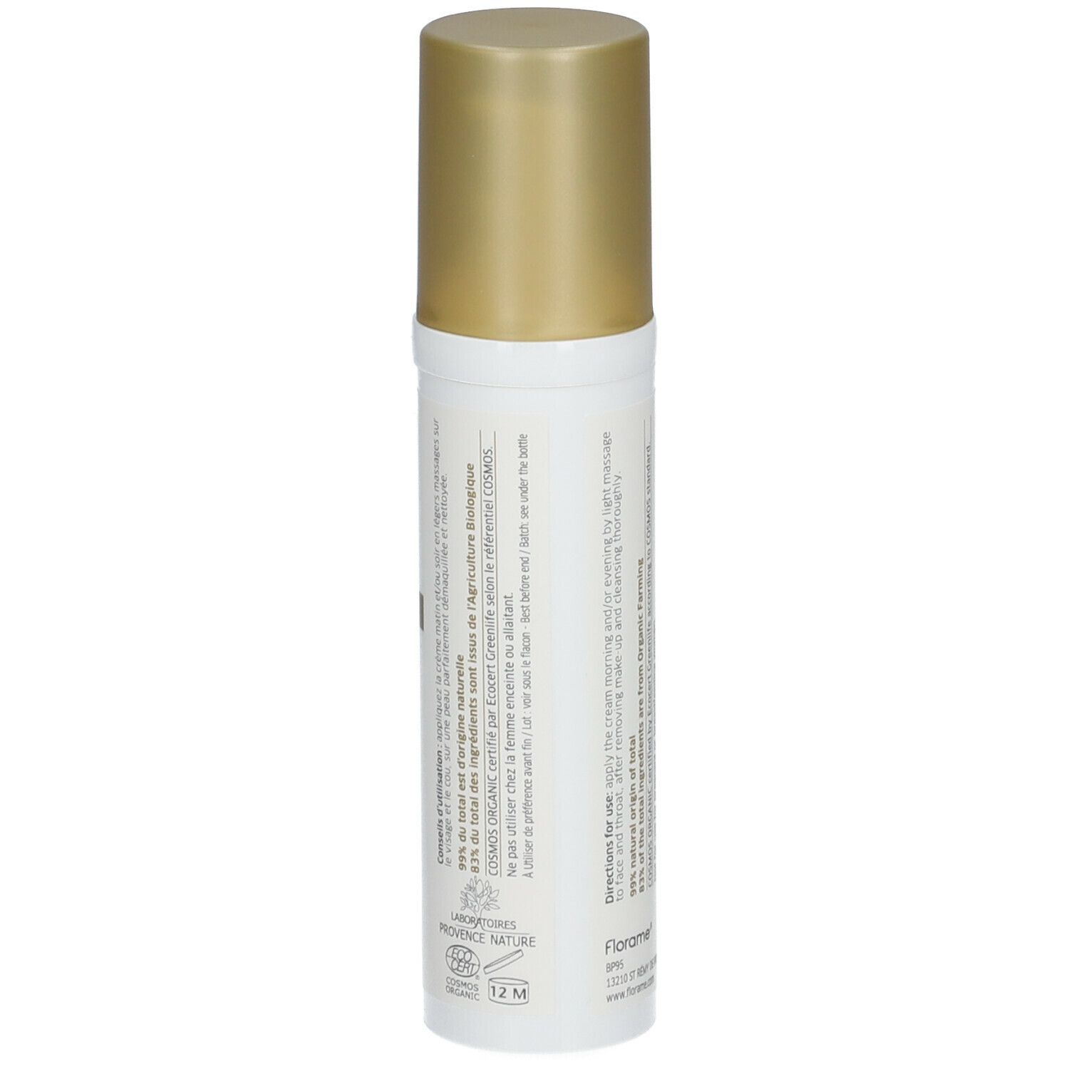 Flacon blanc avec bouchon doré. Texte au dos: ingrédients, certification, informations fabricant.