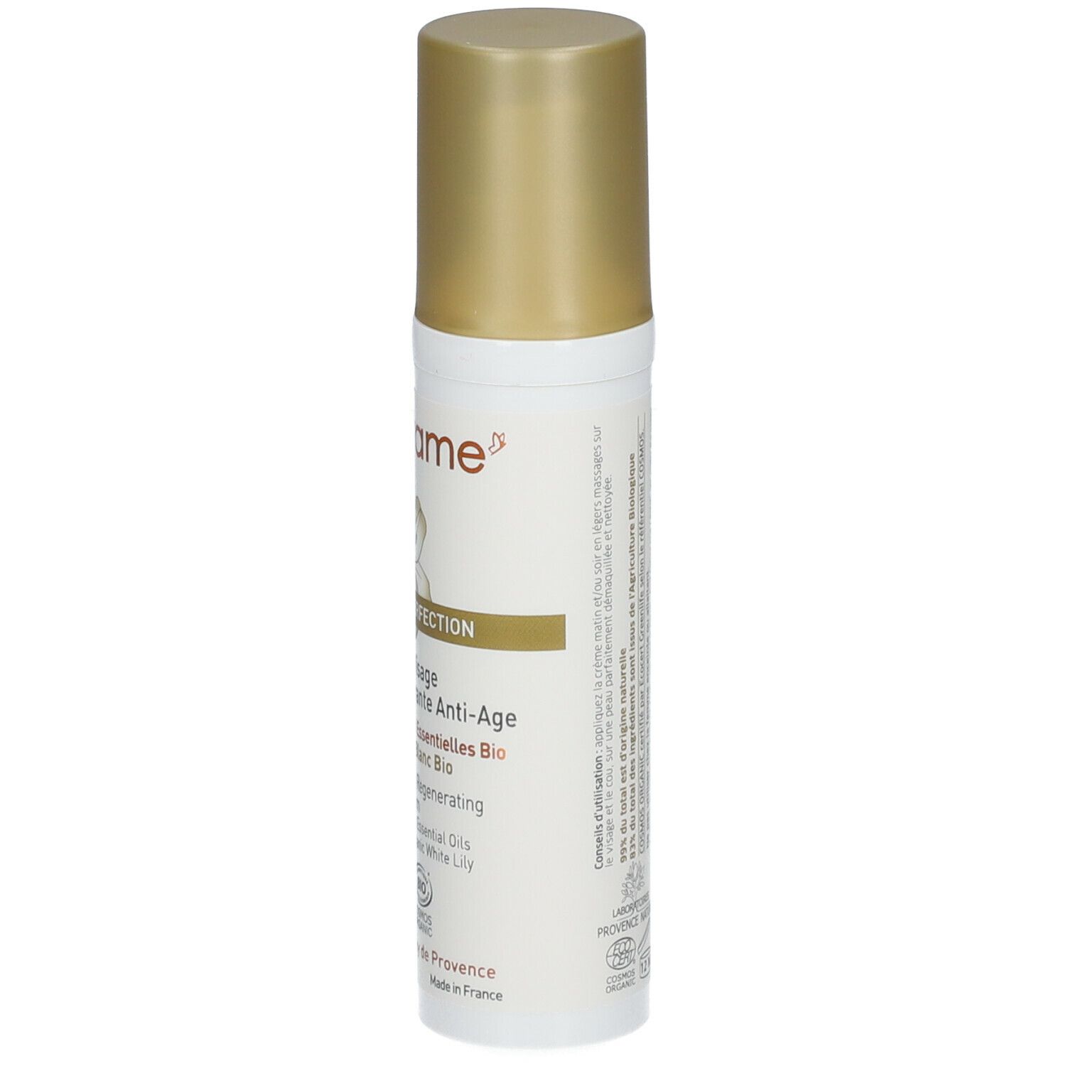 Flacon blanc avec bouchon doré. Texte au dos: ingrédients, certification, informations fabricant.