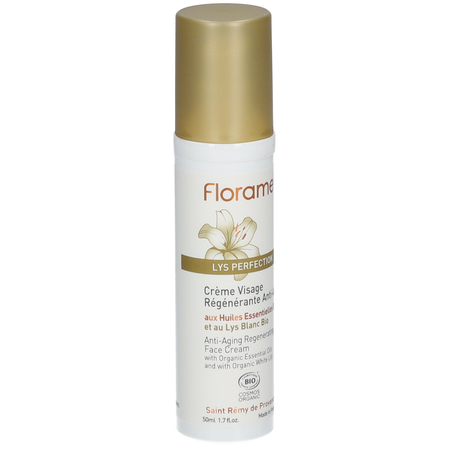 Flacon blanc avec bouchon doré. Inscription: Florame, LYS PERFECTION, Crème Visage Régénérante Anti-Âge. Certification Bio.