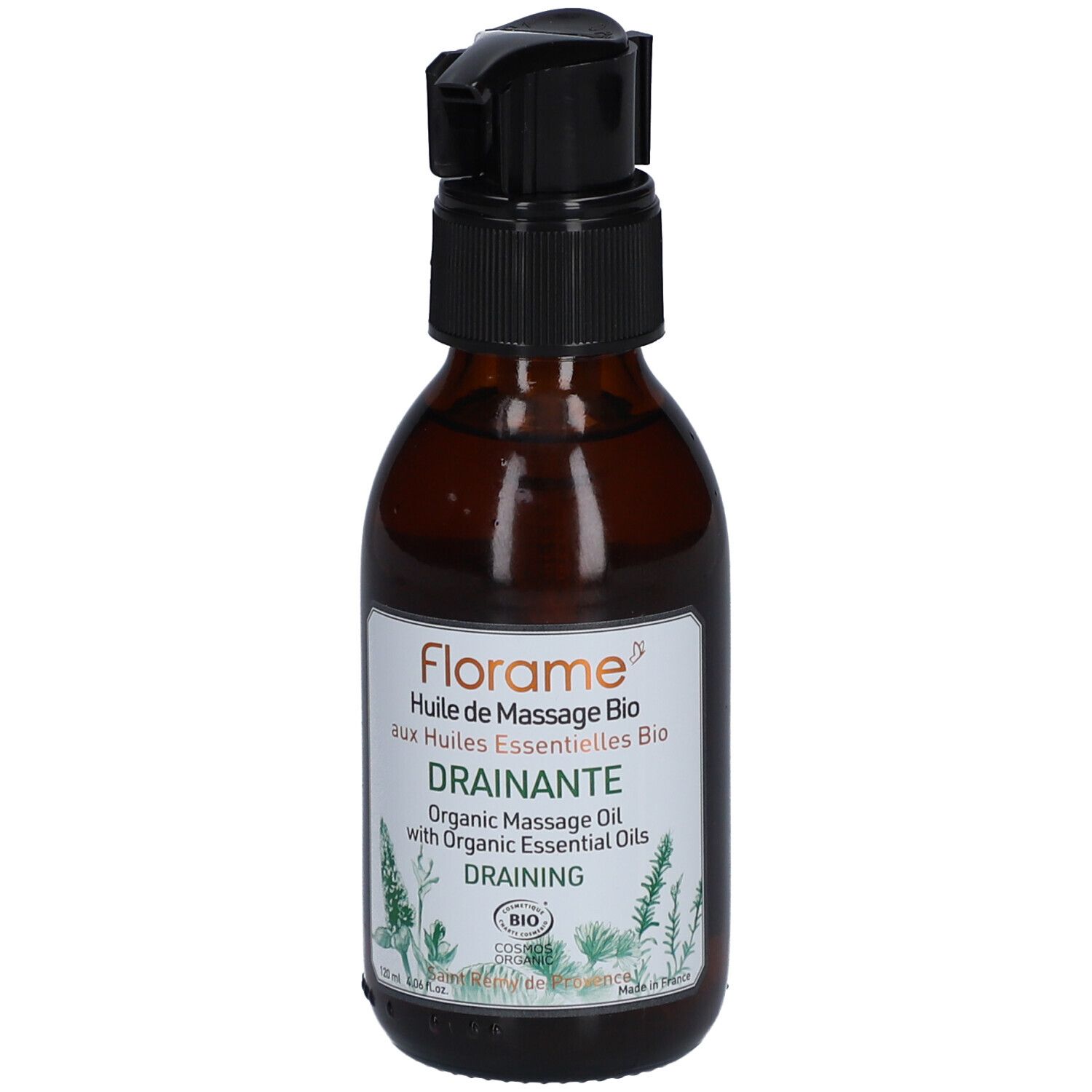 Bruine glazen fles met zwarte pomp. Etiket met tekst: "Florame", "Huile de Massage Bio", "Drainante".