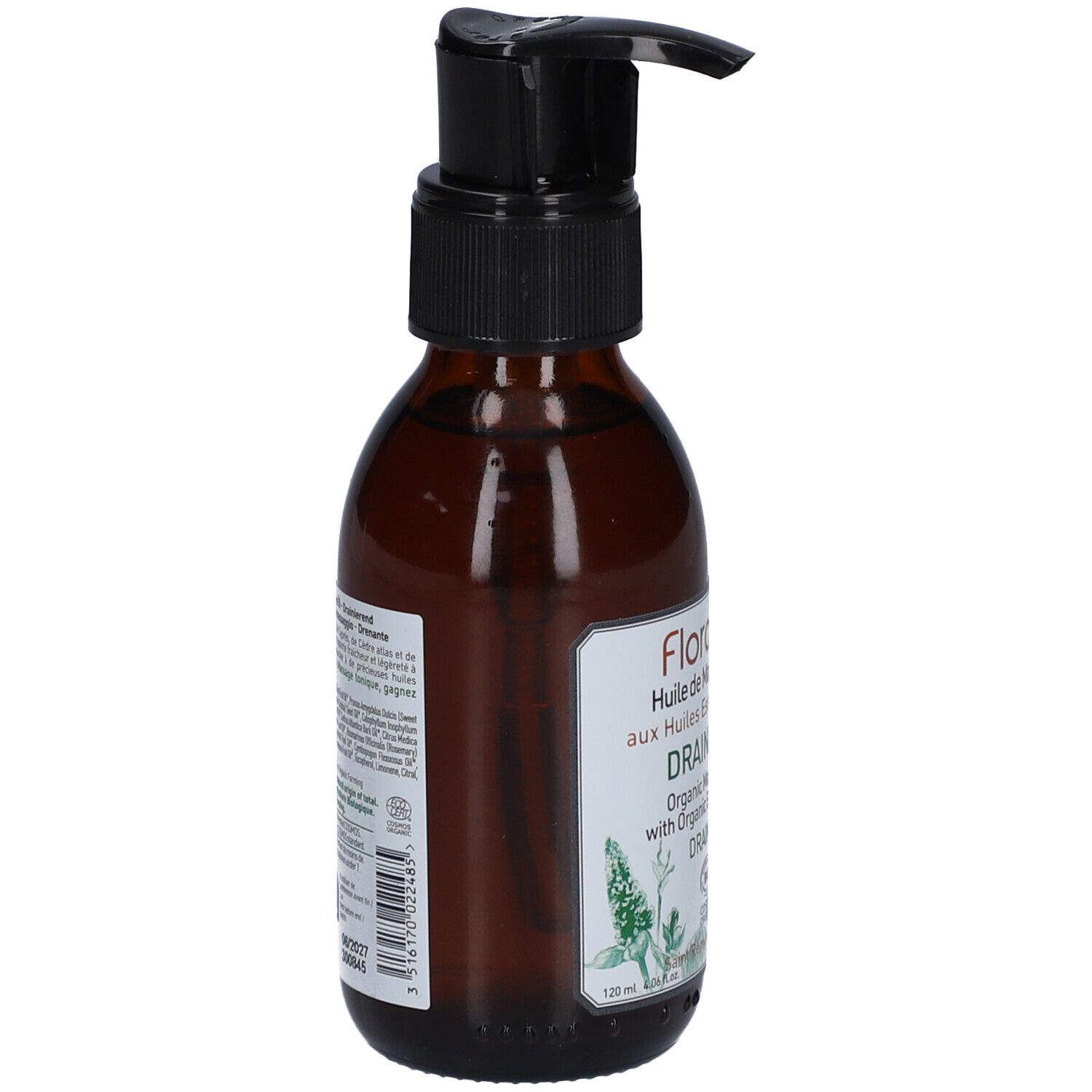 Bruine glazen fles met zwarte pomp. Etiket met tekst en informatie. 125 ml.