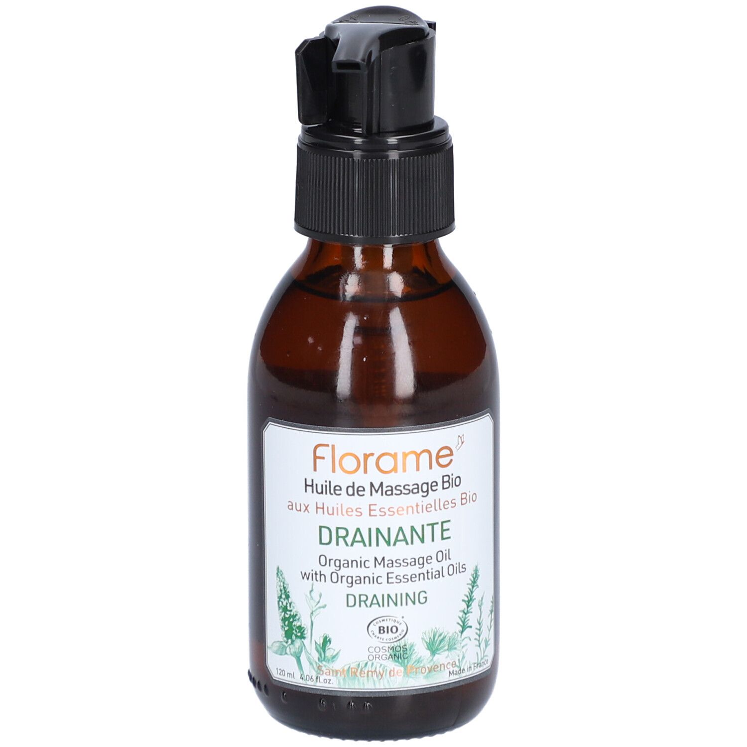 Bruine glazen fles met zwarte pomp. Etiket met tekst: "Florame", "Huile de Massage Bio", "Drainante".