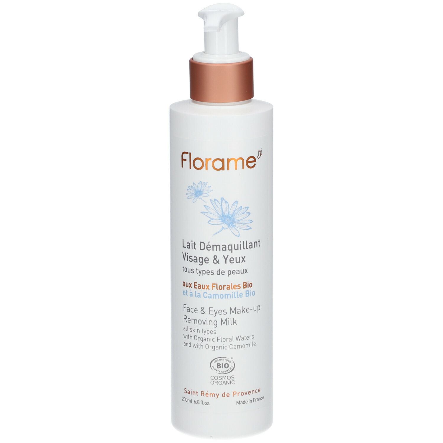 Flacon blanc avec pompe. Inscription: Florame, Lait D

emaquillant Visage & Yeux. Certification Bio.