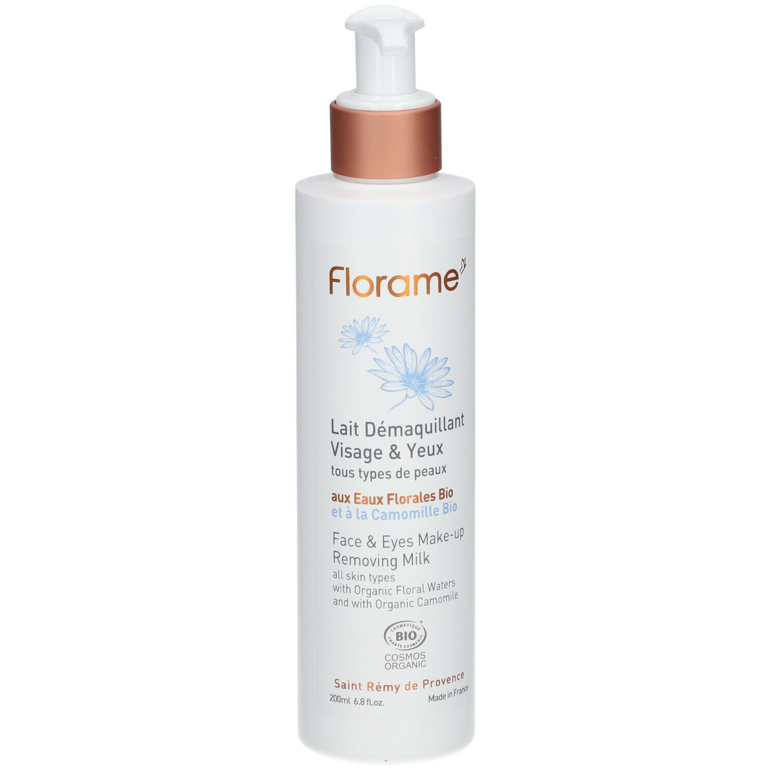 Flacon blanc avec pompe. Inscription: Florame, Lait D

emaquillant Visage & Yeux. Certification Bio.