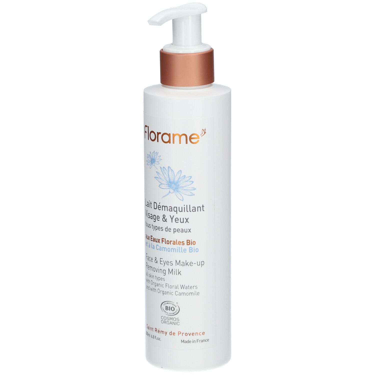 Flacon blanc avec pompe. Inscription: Florame, Lait D

emaquillant Visage & Yeux. Certification Bio.