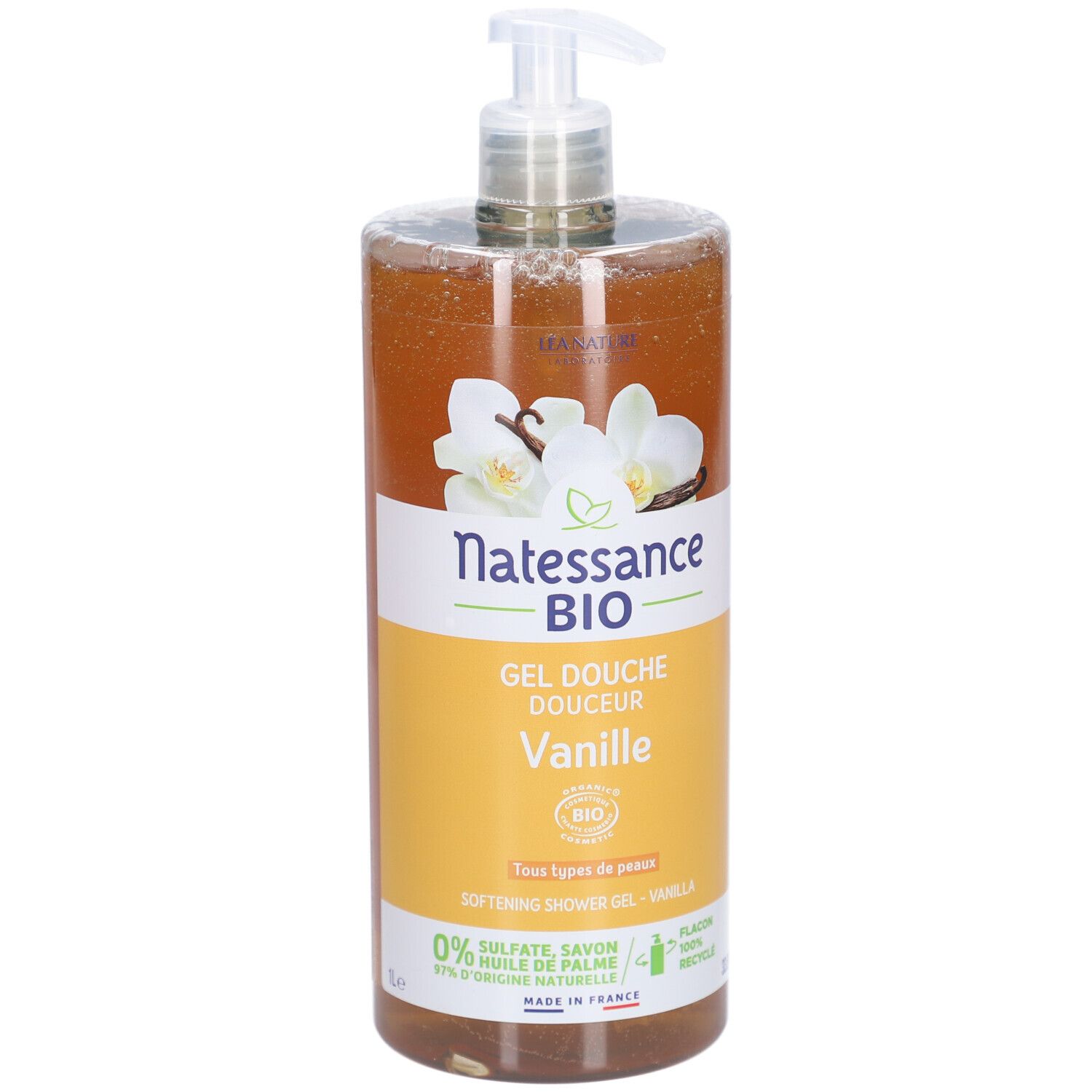 Gel Douche Douceur Vanille Natessance BIO. Flacon avec pompe, étiquettes jaune et marron, illustration de vanille.