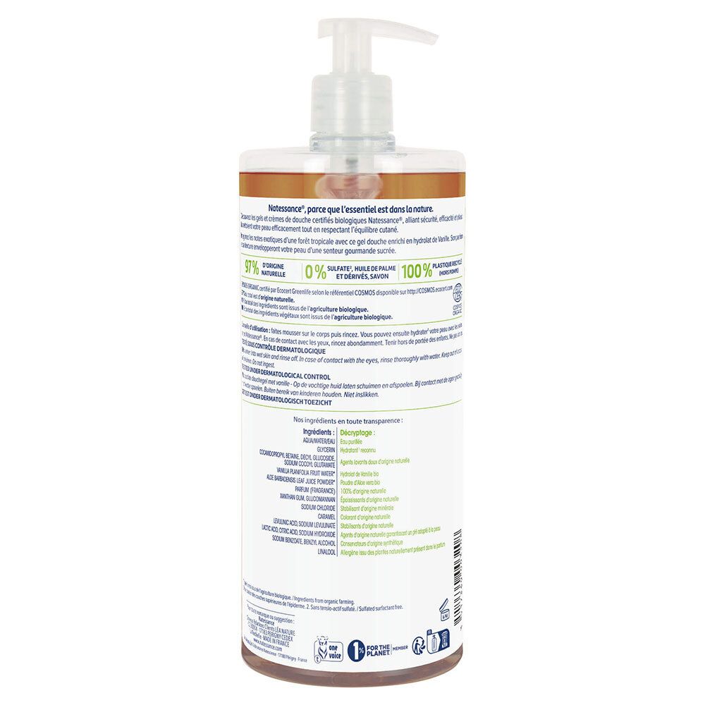 Dos du flacon Gel Douche Douceur Vanille. Texte multilingue, ingrédients, certifications, logo de recyclage.