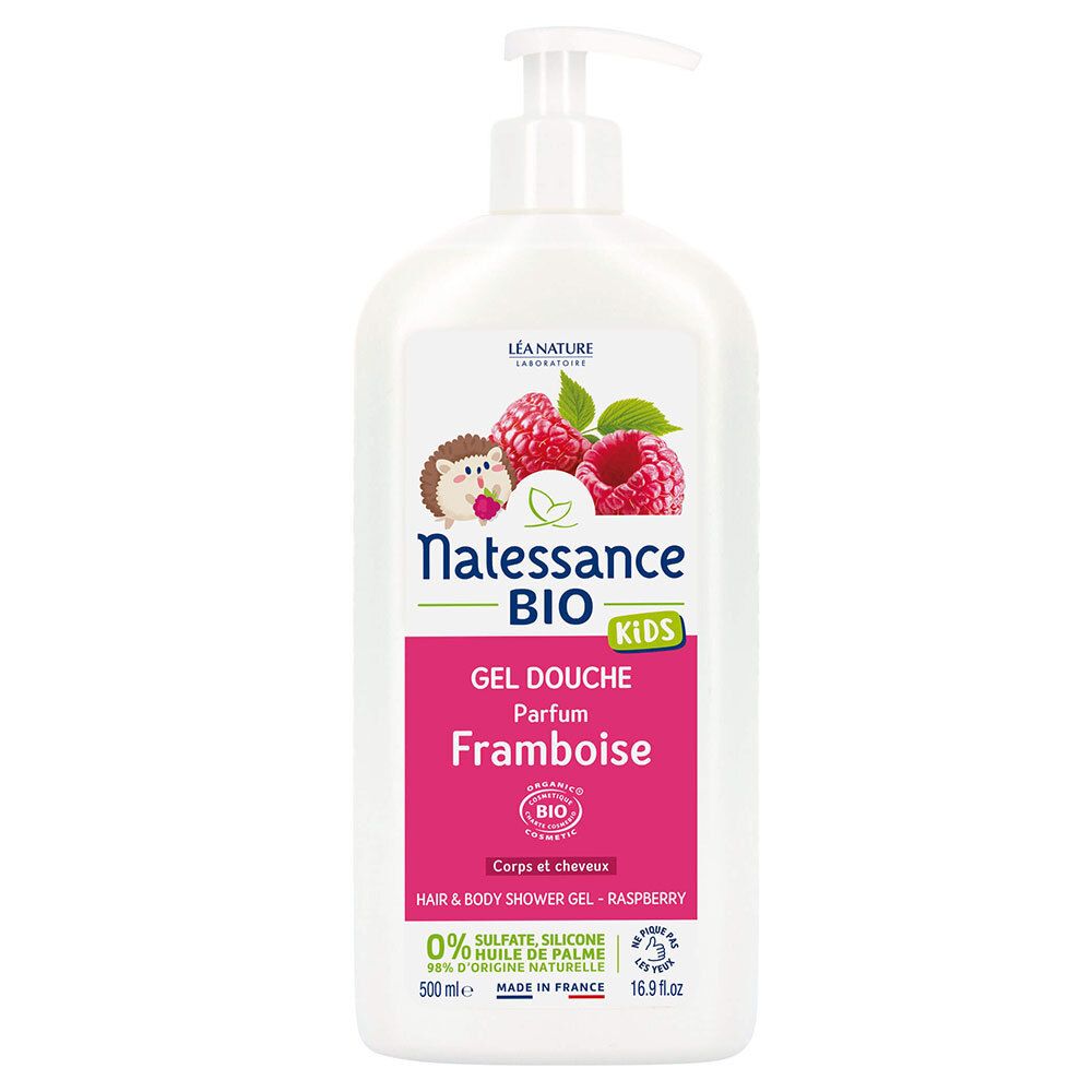 Flacon blanc avec pompe. Étiquette avec framboises, hérisson et texte: Gel Douche, Parfum Framboise, Natessance Bio Kids.