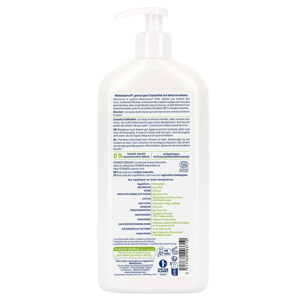 Dos du flacon blanc. Texte multilingue, incluant ingrédients, certifications et informations sur le produit.