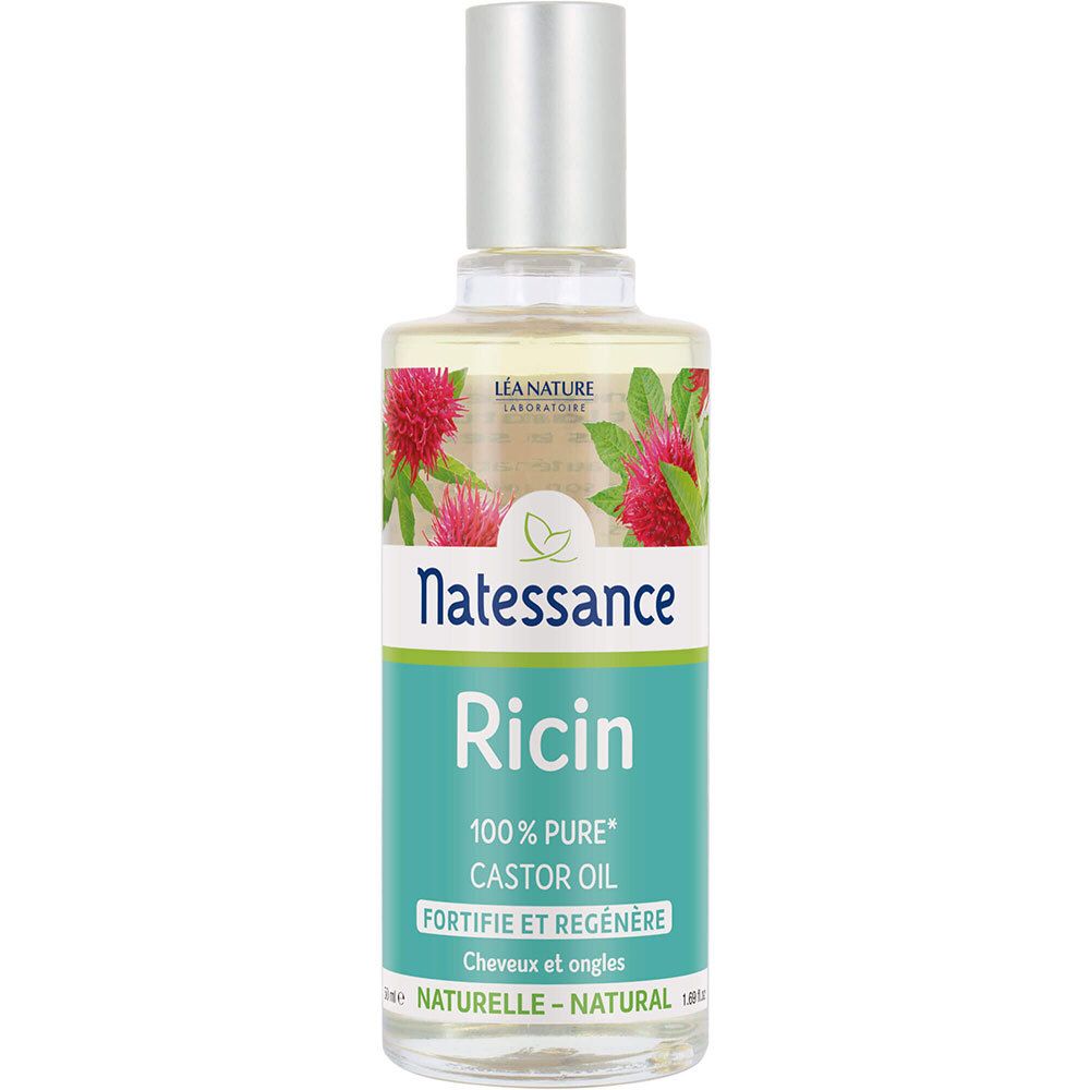 Transparante olie in fles met zilveren dop. Opschrift: Natessance, Ricin, 100% pure Castor Oil.