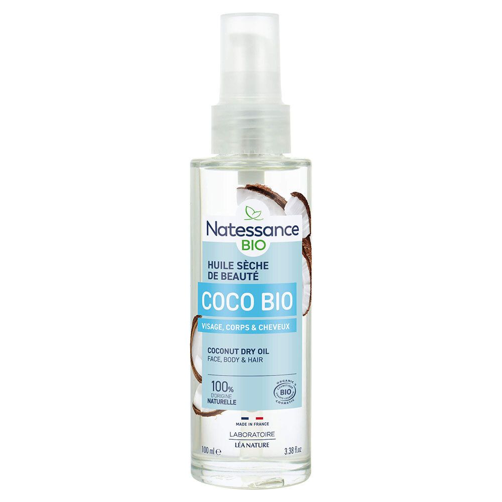 Huile sèche en flacon spray transparent. Inscription: Coco Bio, 100% naturelle, certification bio.