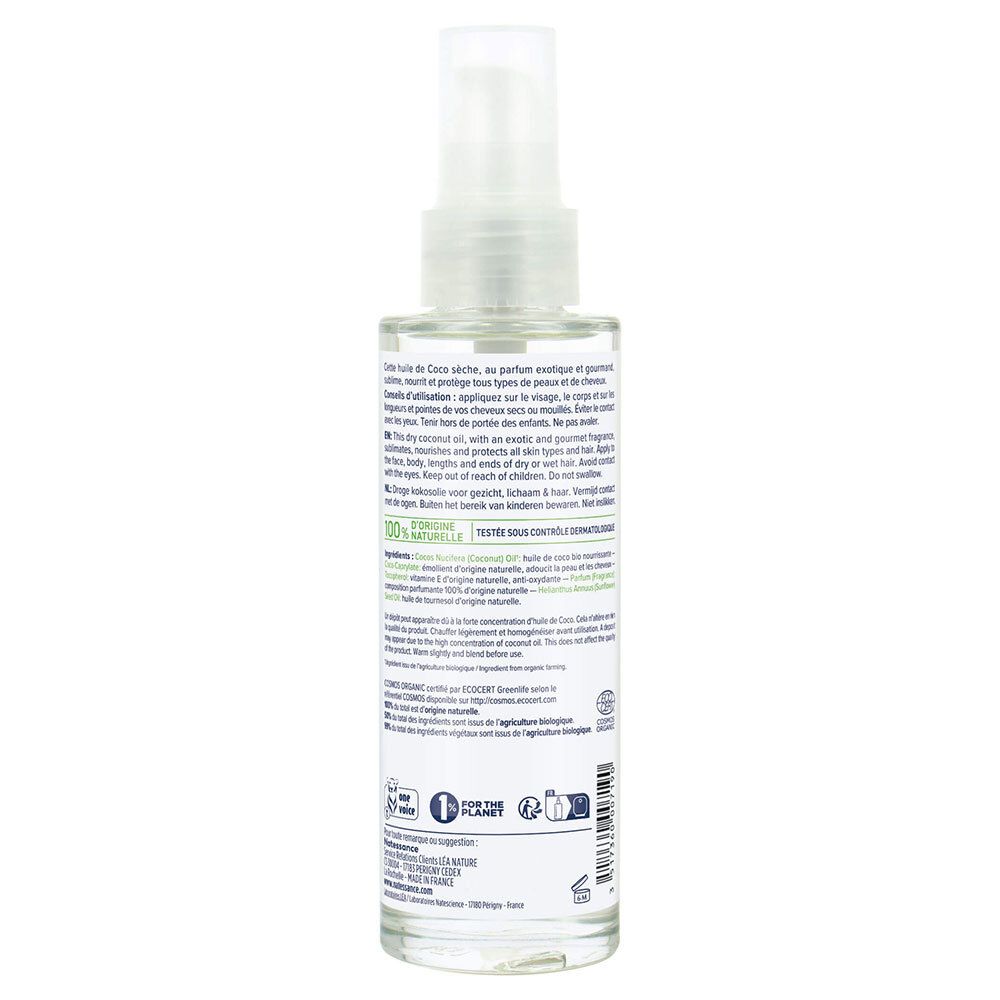 Dos du flacon spray avec texte. Contient des informations sur les ingrédients et les certifications.