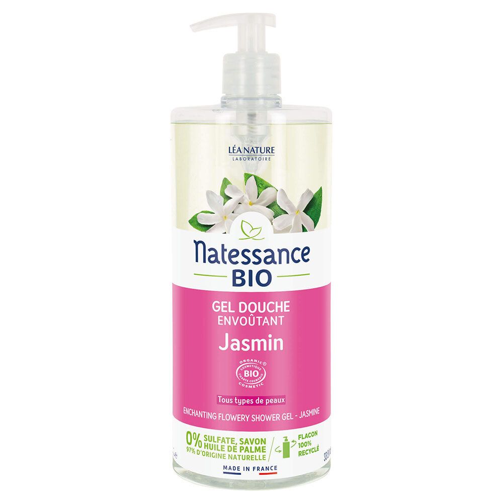 Transparante fles met pomp. Etiket met productnaam, jasmijnbloemen en bio-certificering. Franse tekst.