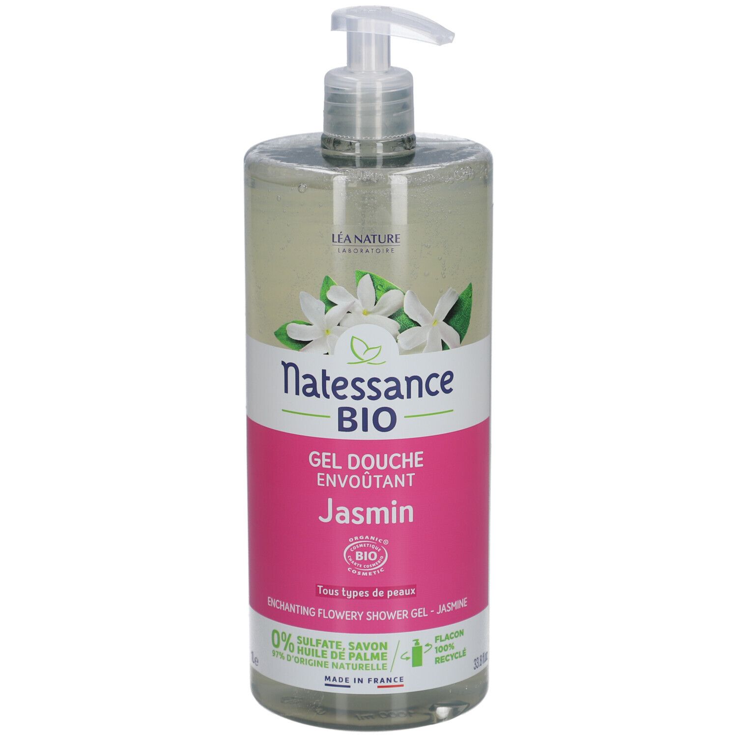 Transparante fles met pomp. Etiket met productnaam, jasmijnbloemen en bio-certificering. Franse tekst.