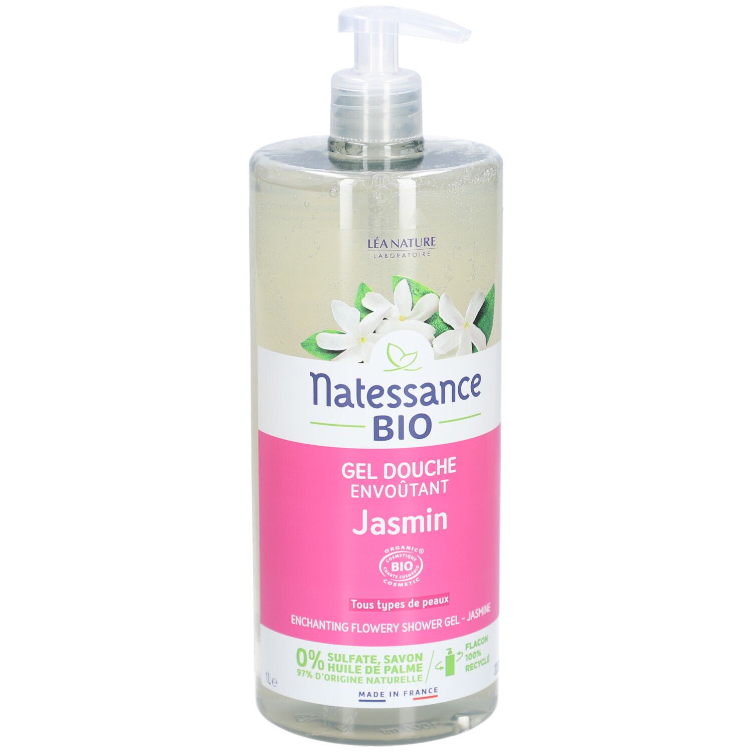 Transparante fles met pomp. Etiket met productnaam, jasmijnbloemen en bio-certificering. Franse tekst.