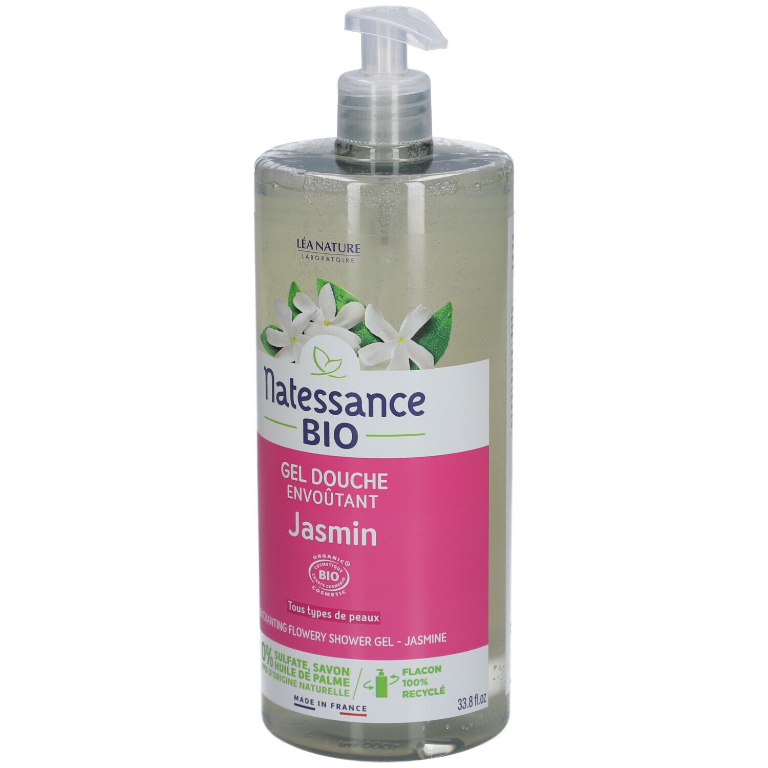 Transparante fles met pomp. Etiket met productnaam, jasmijnbloemen en bio-certificering. Franse tekst.