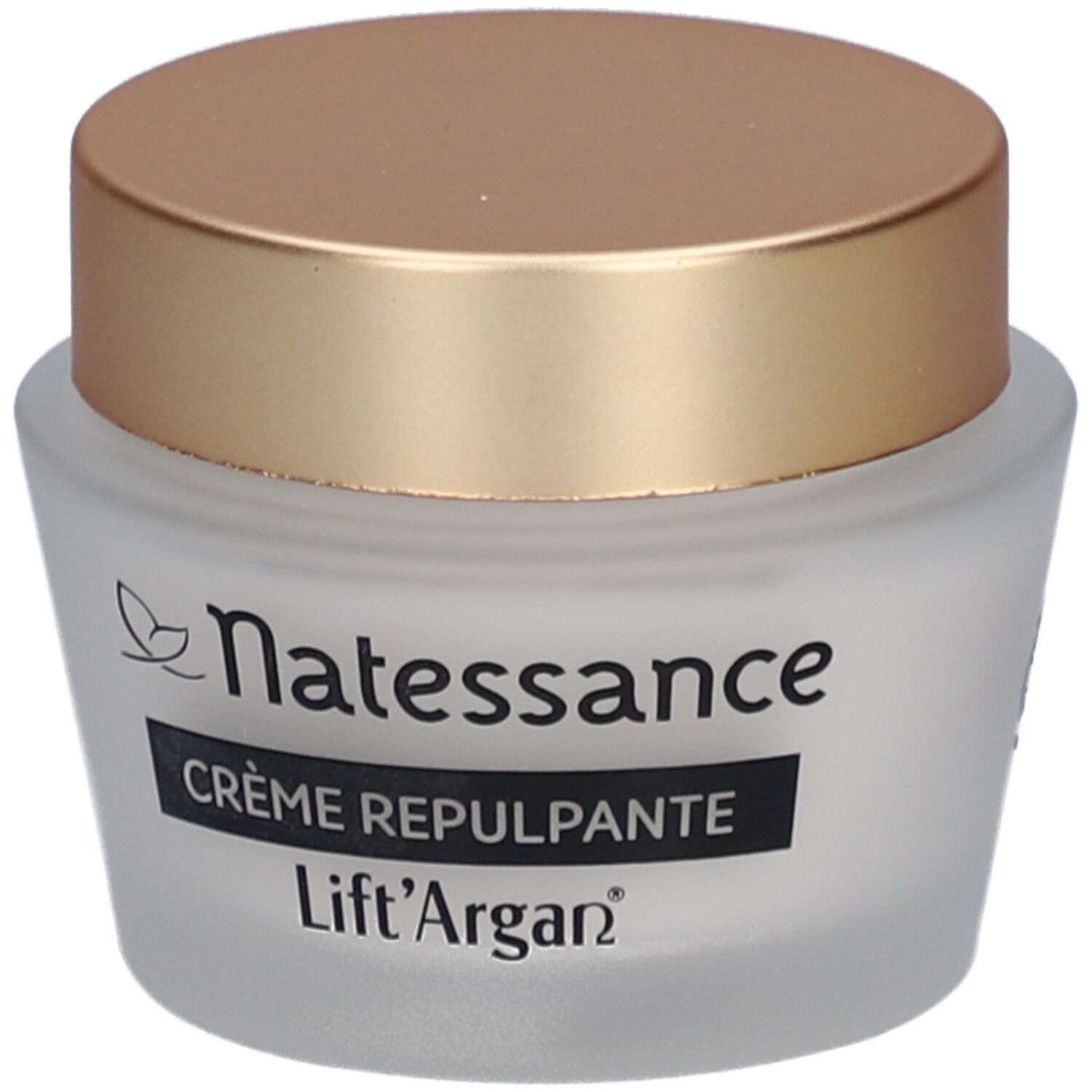 Crèmepot met gouden deksel. Opschrift: Natessance, Crème Repulpante, Lift'Argan.