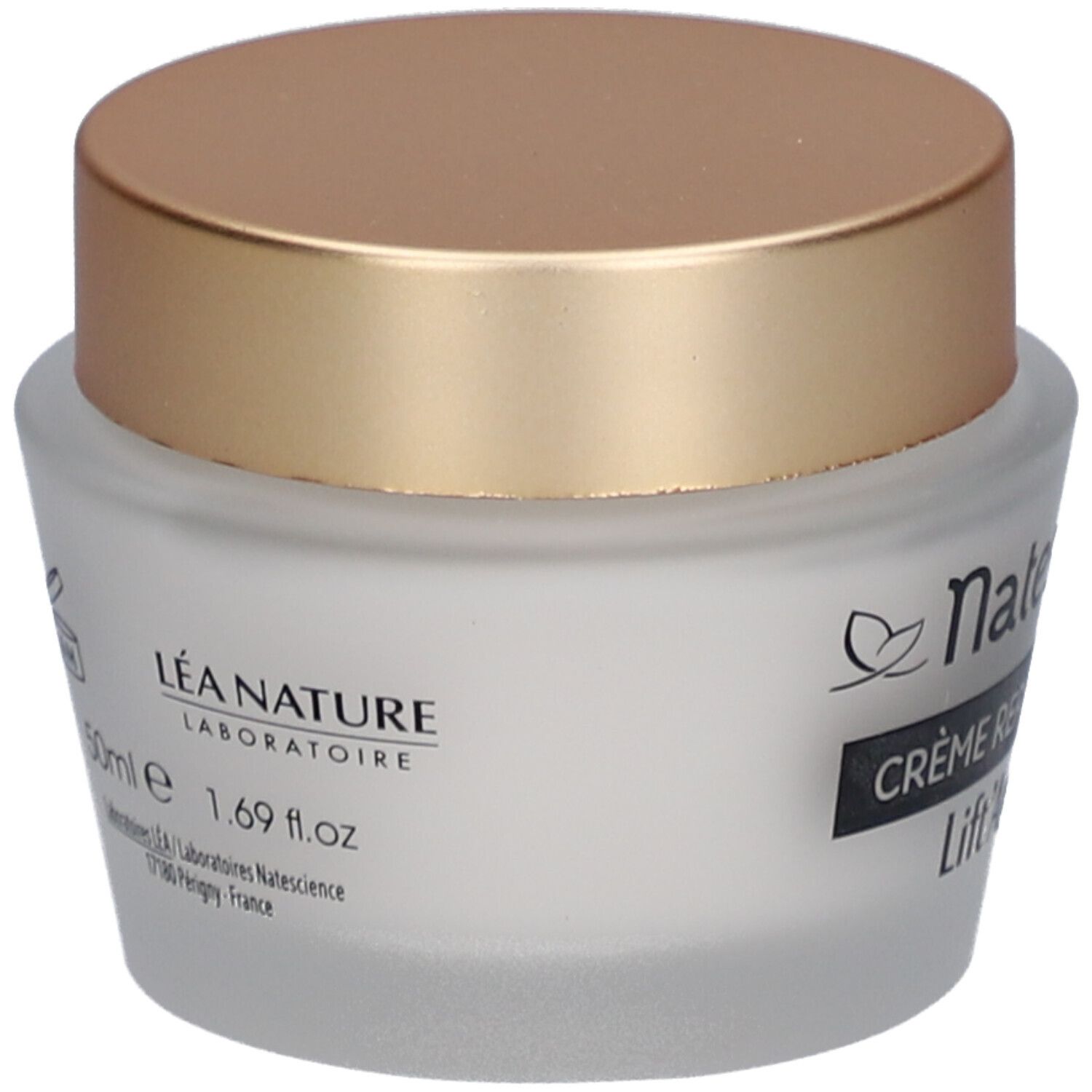 Crèmepot met gouden deksel. Opschrift: Natessance, Crème Repulpante, Lift'Argan.